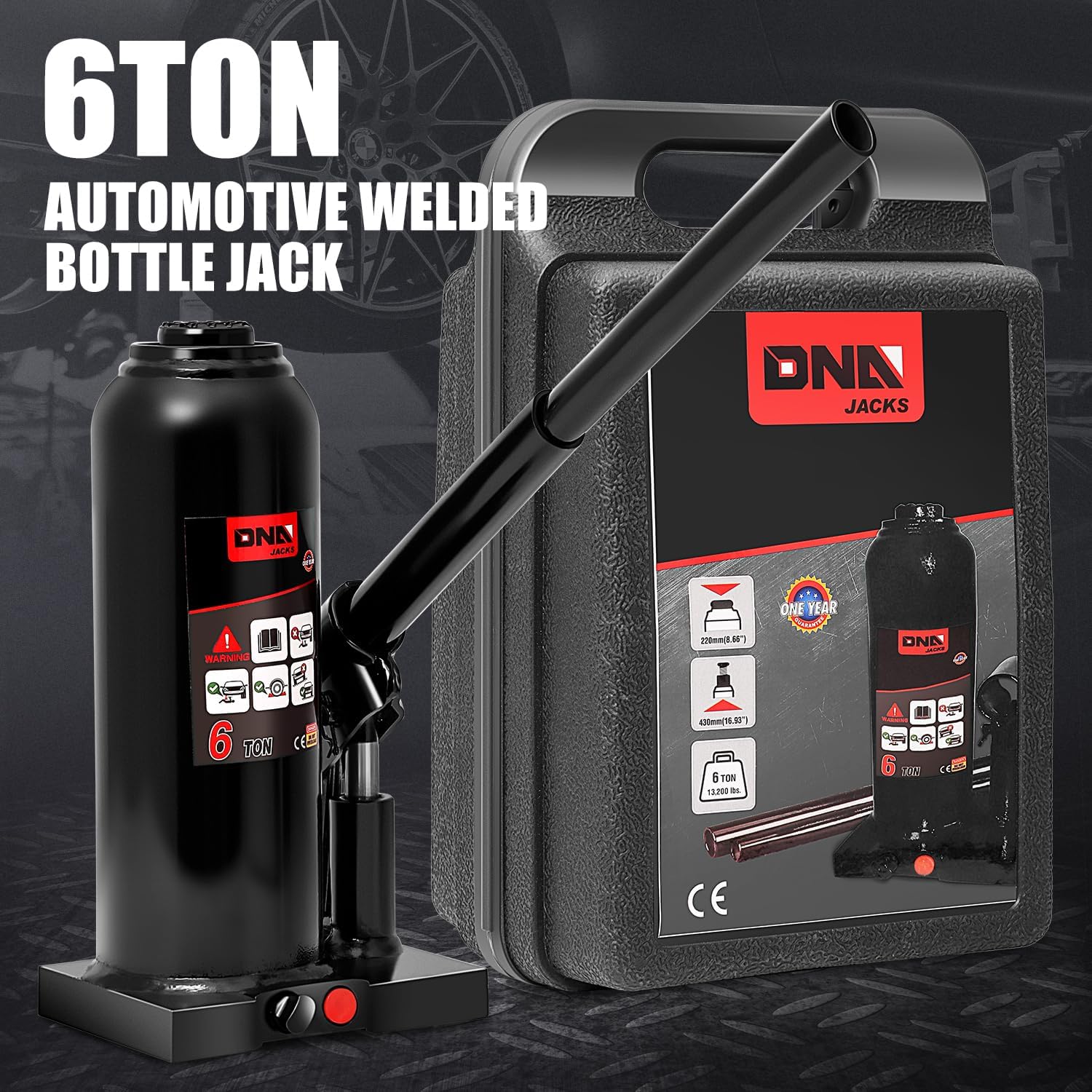 DNA Motoring 6 tons / 13228 lbs Lifting Automotive Welded Hydraulic Bottle Jack for Repair Vehicle, Pickup, Truck, w/Manual Handle, Black, TOOLS-00357