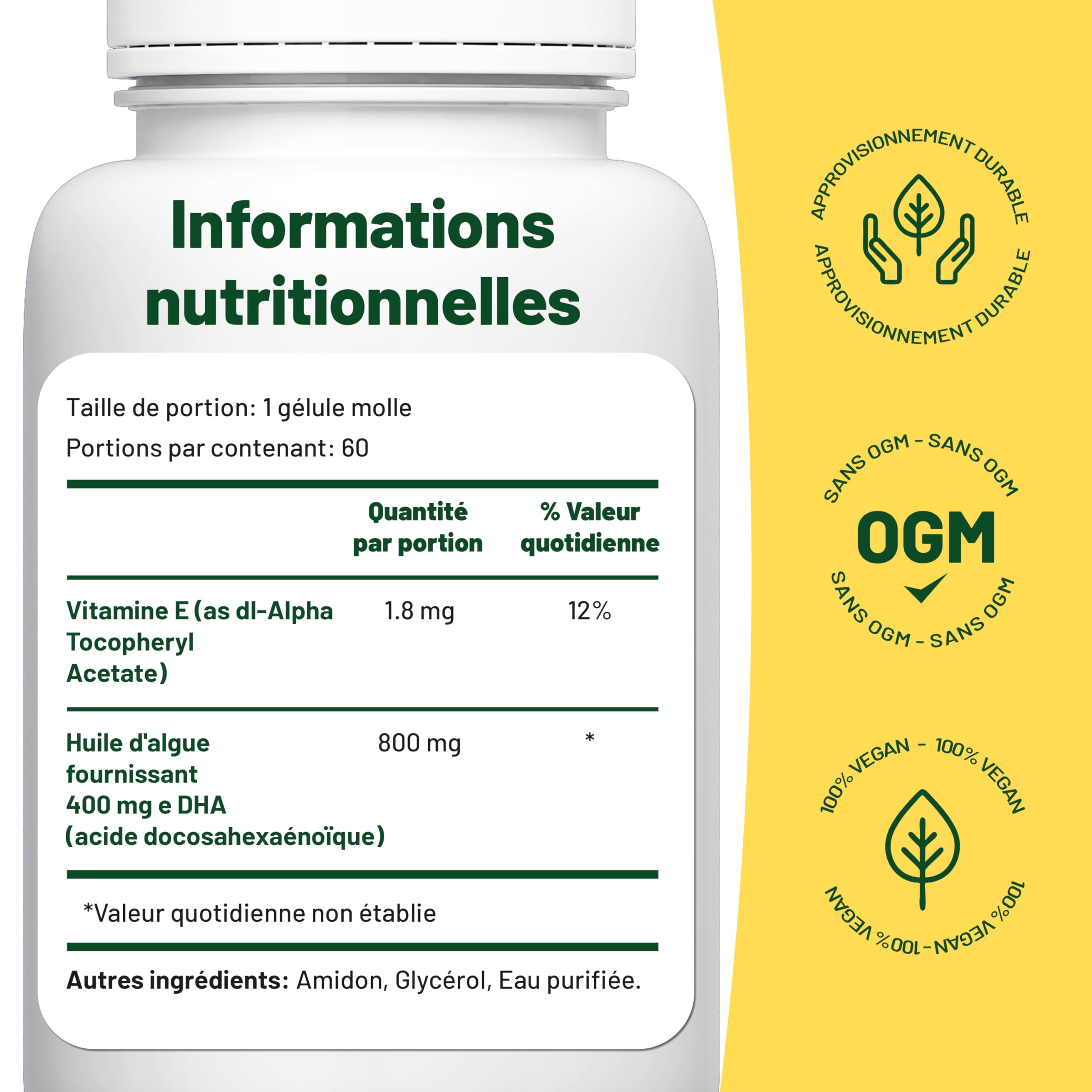 Omega 3 Vegan Huile d'algues 400 mg DHA par capsule, 60 capsules, soit 2 mois d'huile vegetale. Remplace huile de foie de morue, convient à tous les régimes vegan/végétariens