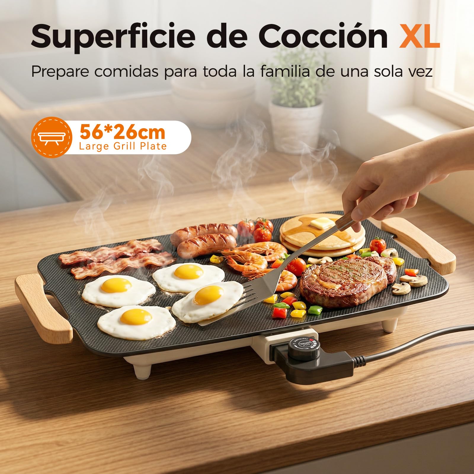 WOOX 1380W Plancha de Asar Eléctrica – Superficie 51x30 cm, Antiadherente, Comidas Familiares, Tortitas y Carne, Calentamiento Rápido, Sin PFAS, Asas de Roble, Fácil de Limpiar