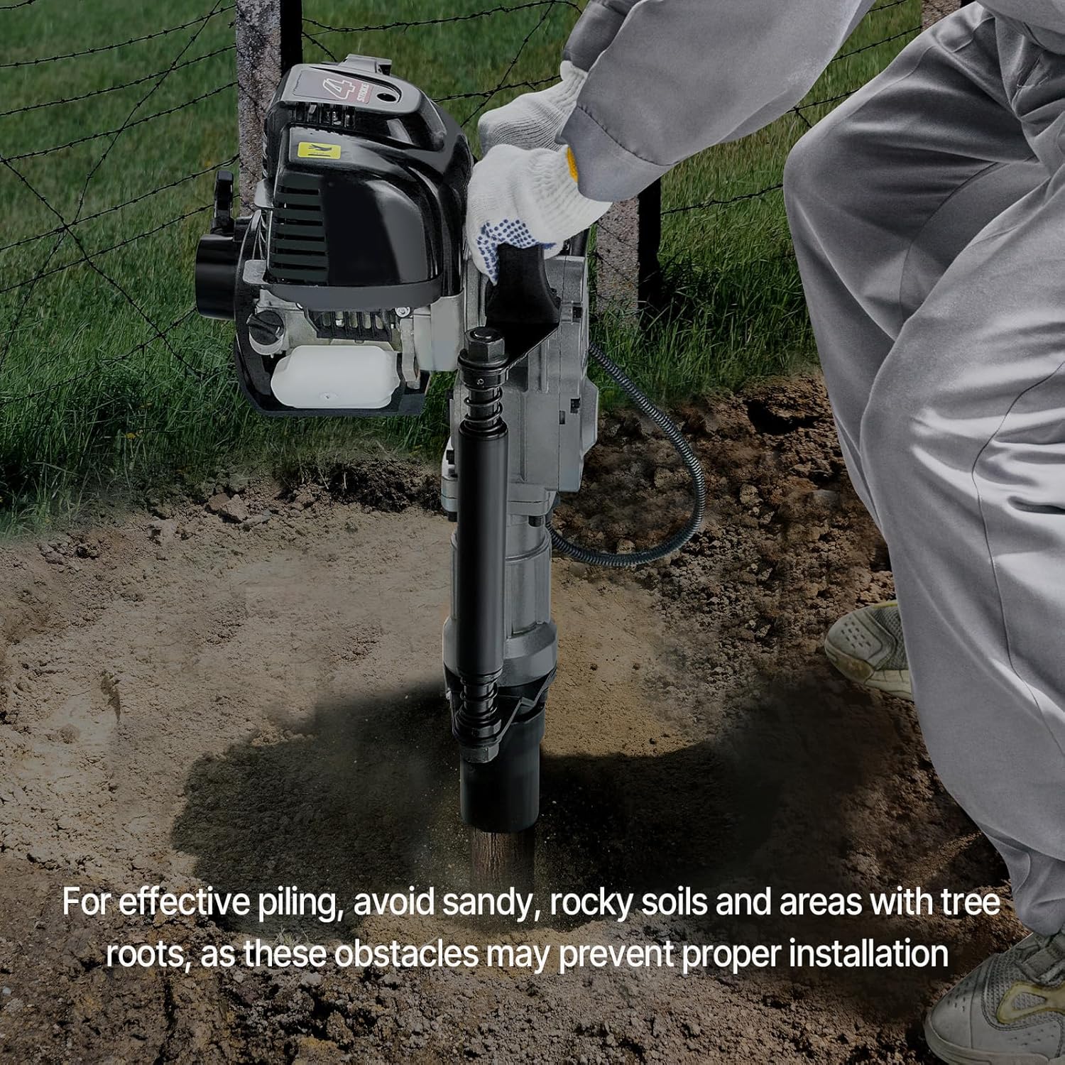 VEVOR 37.77cc Gas-Powered T Post Driver, 4-Stroke Engine Gasoline Fence Piling Pounder, with 2 Post Driving Head(55/70 mm), 1000W Portable Piledriver for Farm, Ranch Fencing, Road Improvements