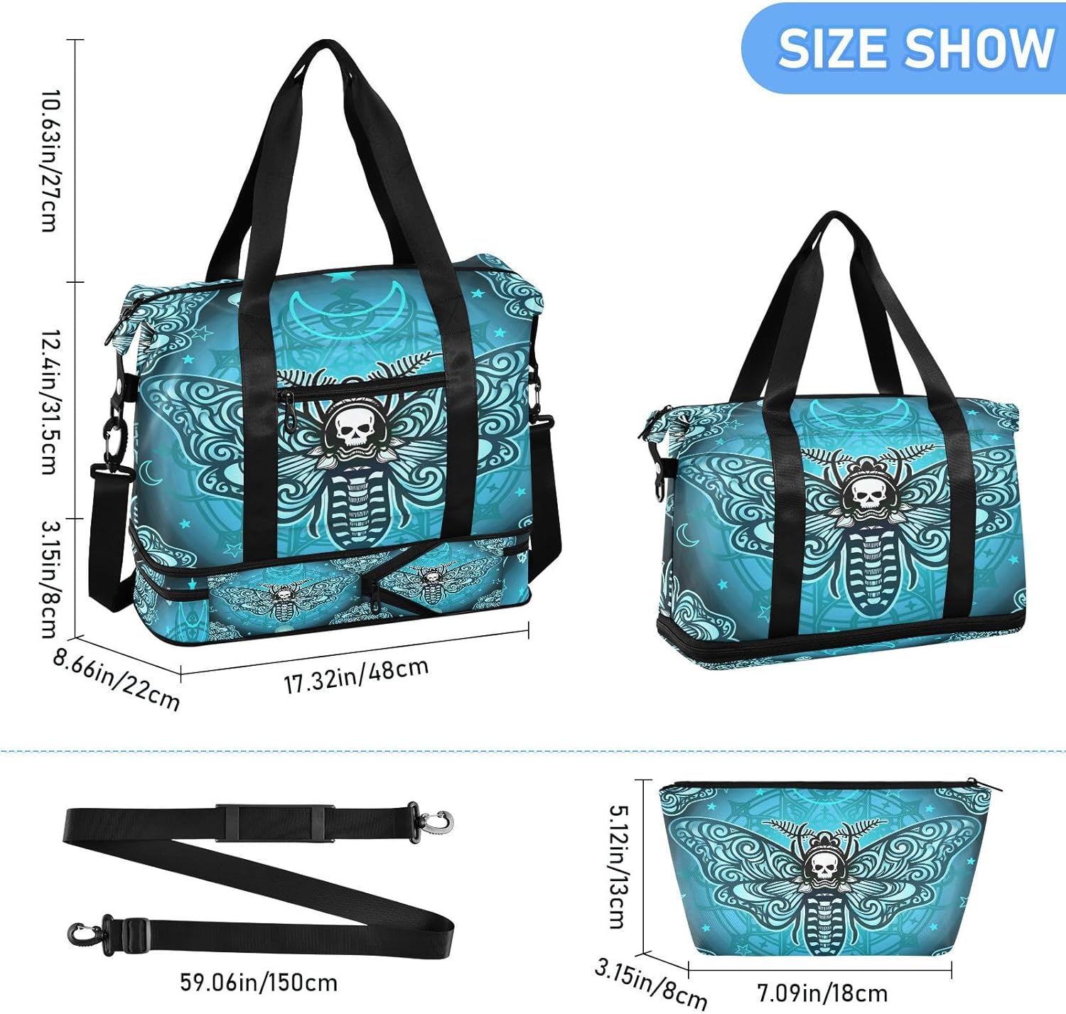Travel Duffel Tote Bag Butterfly Skull Boho Sports Duffel Bag with Wet Pocket Weekender Overnight Bag for Women Men Gym Bag, Carry On Bag Hospital Bag for Labor and Delivery