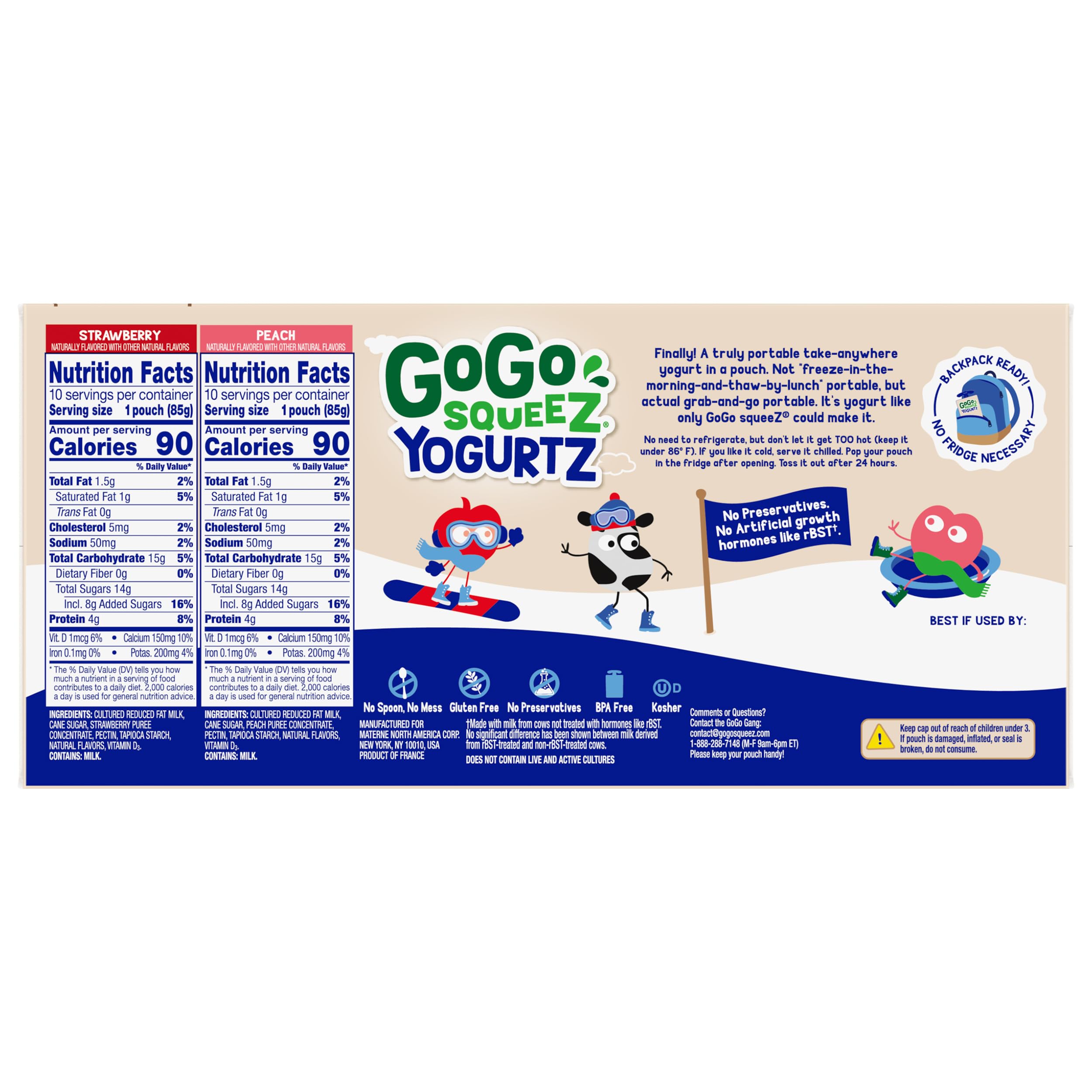 GoGo squeeZ YogurtZ Lot de 20 collations pour enfants avec de vrais yaourts et fruits, pas de réfrigérateur nécessaire, sans gluten, sans noix, bouchon refermable, pochettes sans BPA