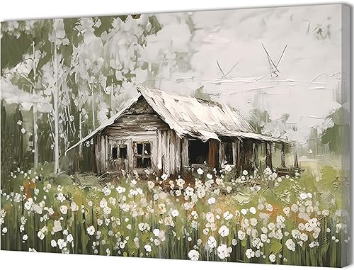 QIXIANG Lienzo de granero antiguo de granja, arte para pared, diseño de flores blancas rústicas, paisajes, impresiones para sala de estar,