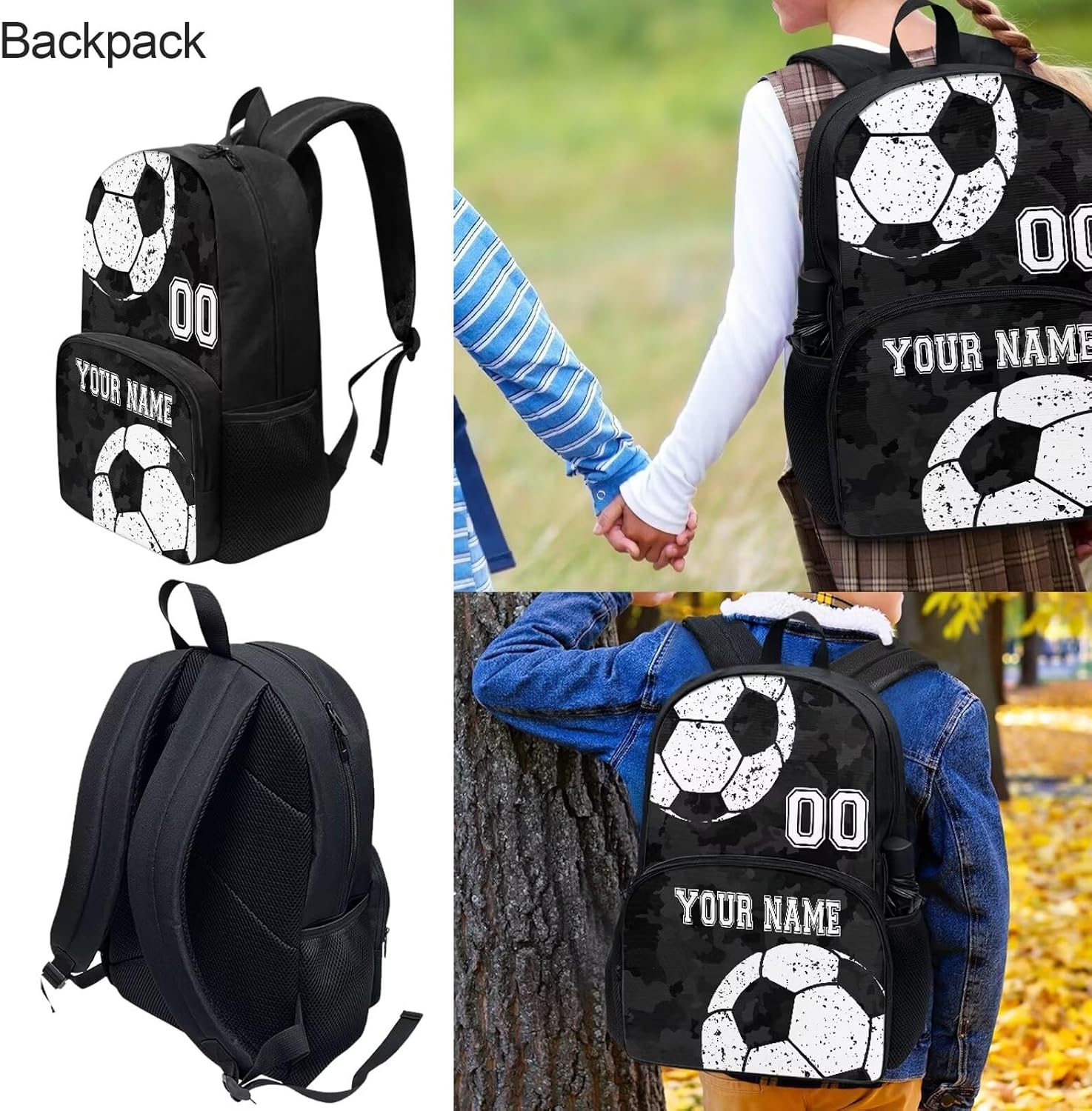 Howilath Customized Your Name Balck Camo Soccer Ball Print Backpack Kids 4Pcs Backpack with Lunch Box and Pencil Case Boys Lightweight Book Bag