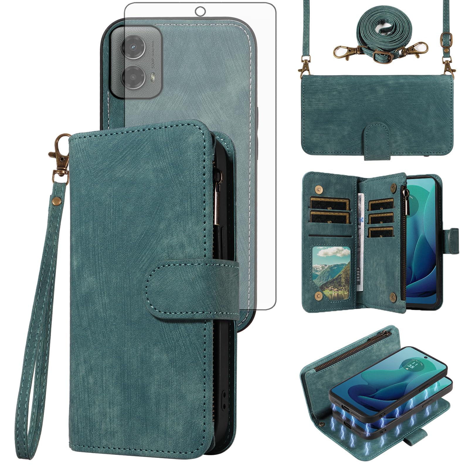 Asuwish Phone Case for Motorola Moto G 5G 2024 Zipper Wallet Detachable Magnetic Cover with Tempered Glass Screen Protector Crossbody Lanyard Strap