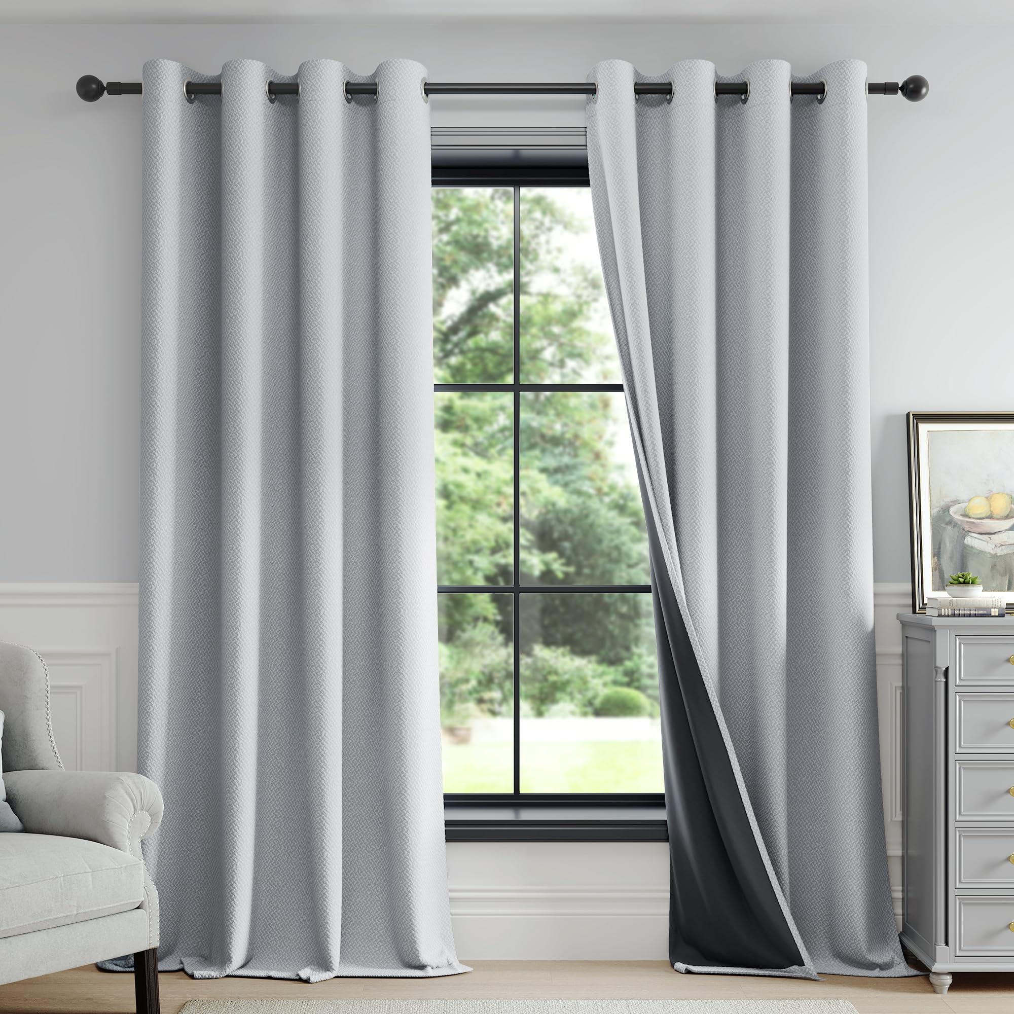 FMFUNCTEX 100% Light Grey Blackout Curtains for Living Room, Curtains 96 Inches Long Weave Textured Thermal Insulated Curtains for Bedroom, Black Out