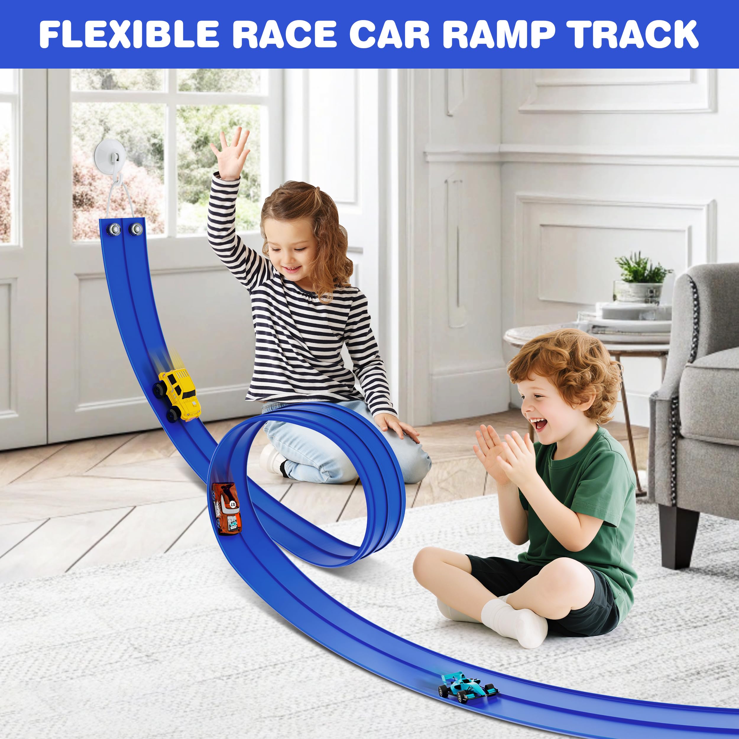 Rampa flexible de 16 pies para niños de juguete con ventosas, compatible con autos fundidos a presión 1/64, carreras, portátil, regalos de fiesta para niños de 3 a 10 años (azul carrera) 6