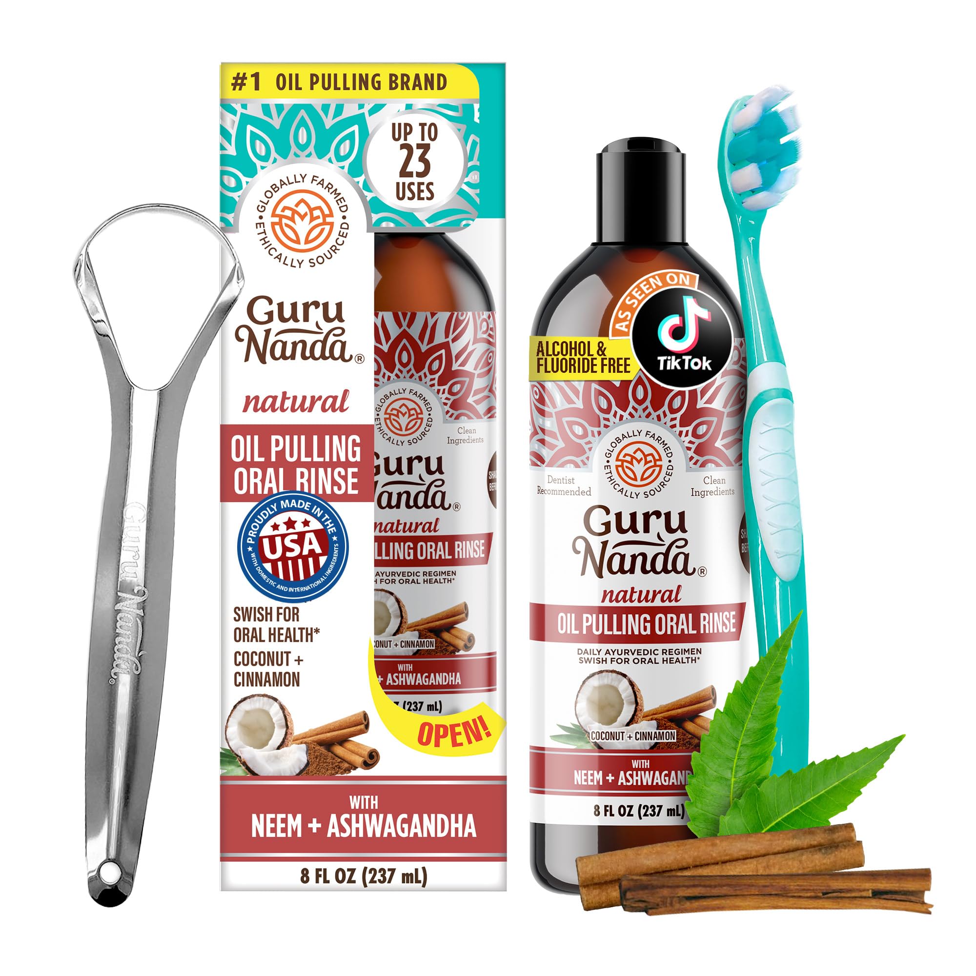 GuruNandaAshwagandha Oil Pulling (8 Fl Oz) - 100% Pure Blend of Coconut with Essential Oils & Vitamins - Supports Healthy Teeth & Gums & Fresh Breath