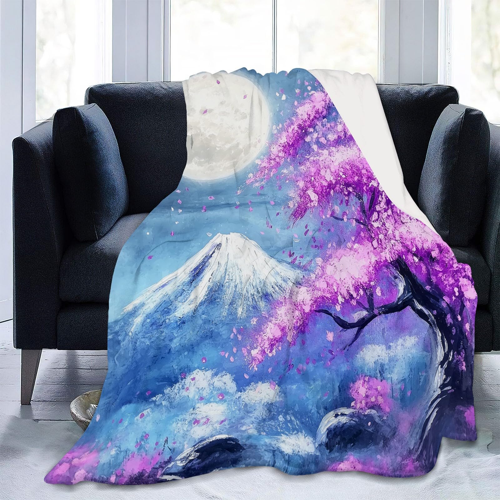 Miękki i lekki koc polarowy, elegancja w kwiaty księżyc, oddychający koc flanelowy, zmywalny, 200 x 200 cm, odpowiedni do sofy w łóżku i na pikniki