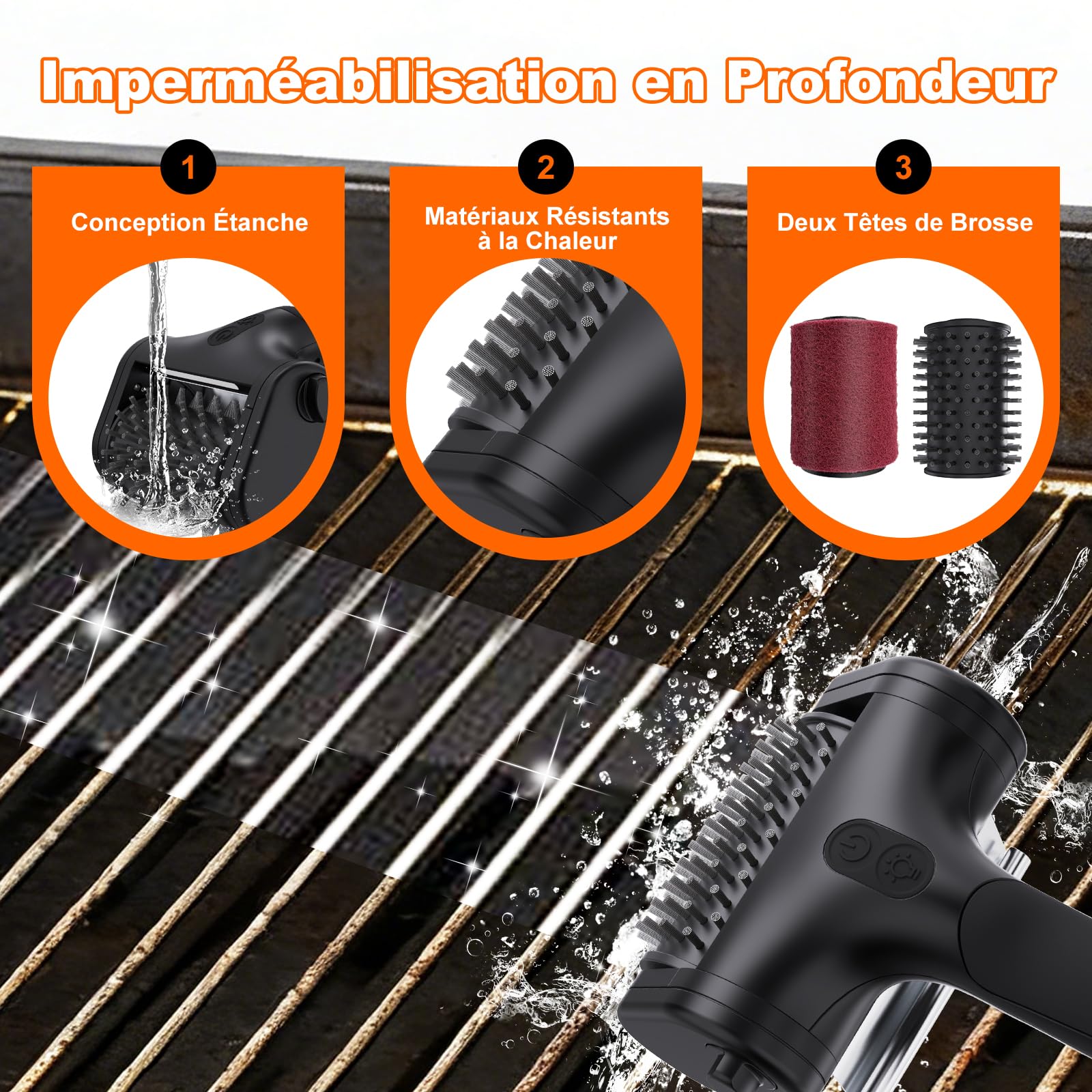 Brosse éLectrique pour Barbecue, Deux Vitesses (590RPM, 1000RPM), Deux TêTes de Brosse Incluses, éClairage LED, Brosse éLectrique Rechargeable AdaptéE à Tous Les Types de Barbecues Noire