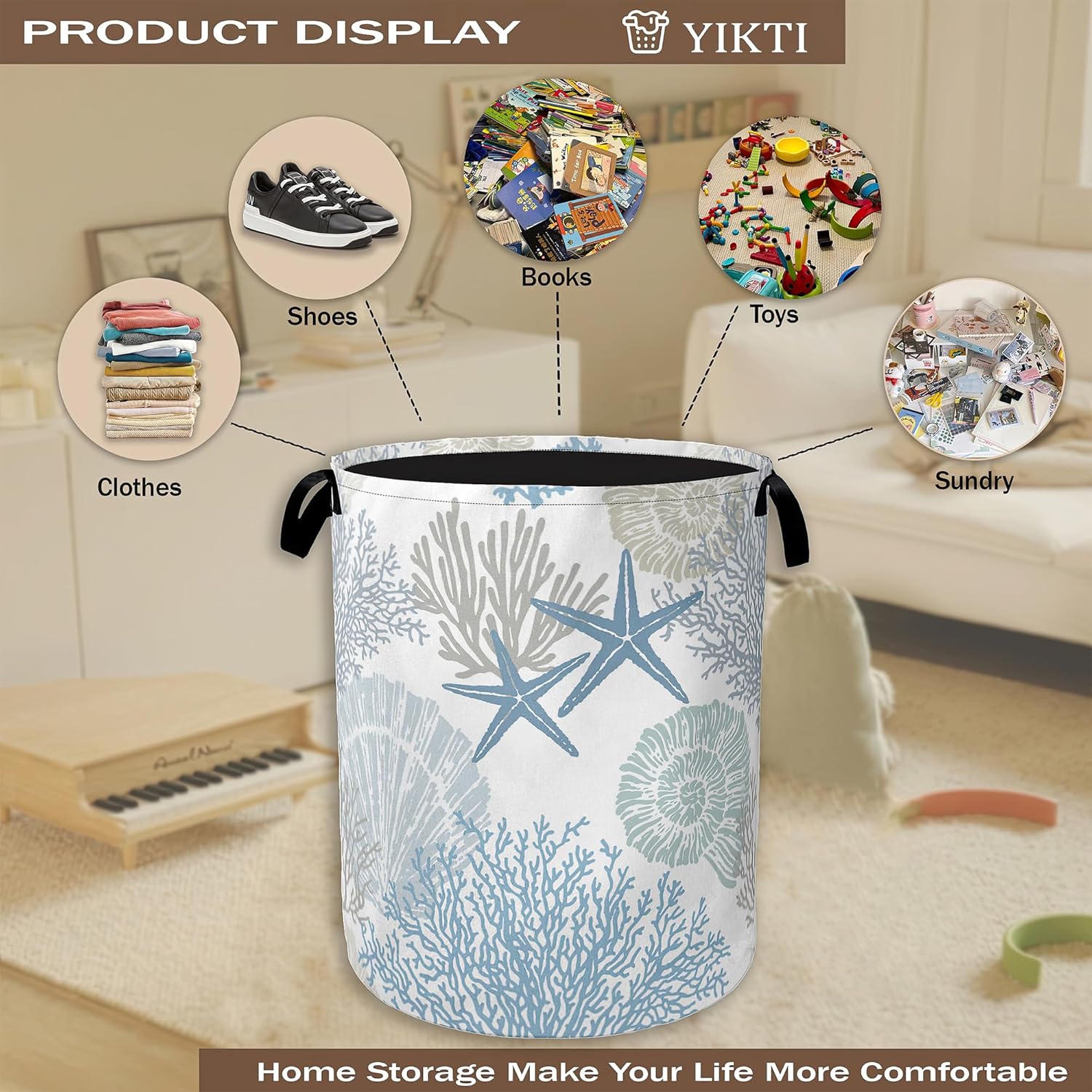 Collapsible Laundry Basket,Coastal Beach Dirty Clothes Hamper,Watercolor Shell Starfish Coral Hampers for Bedroom Waterproof Oxford Cloth Storage Organizer for Bathroom,Nursery,Dorm,16x20 Inch