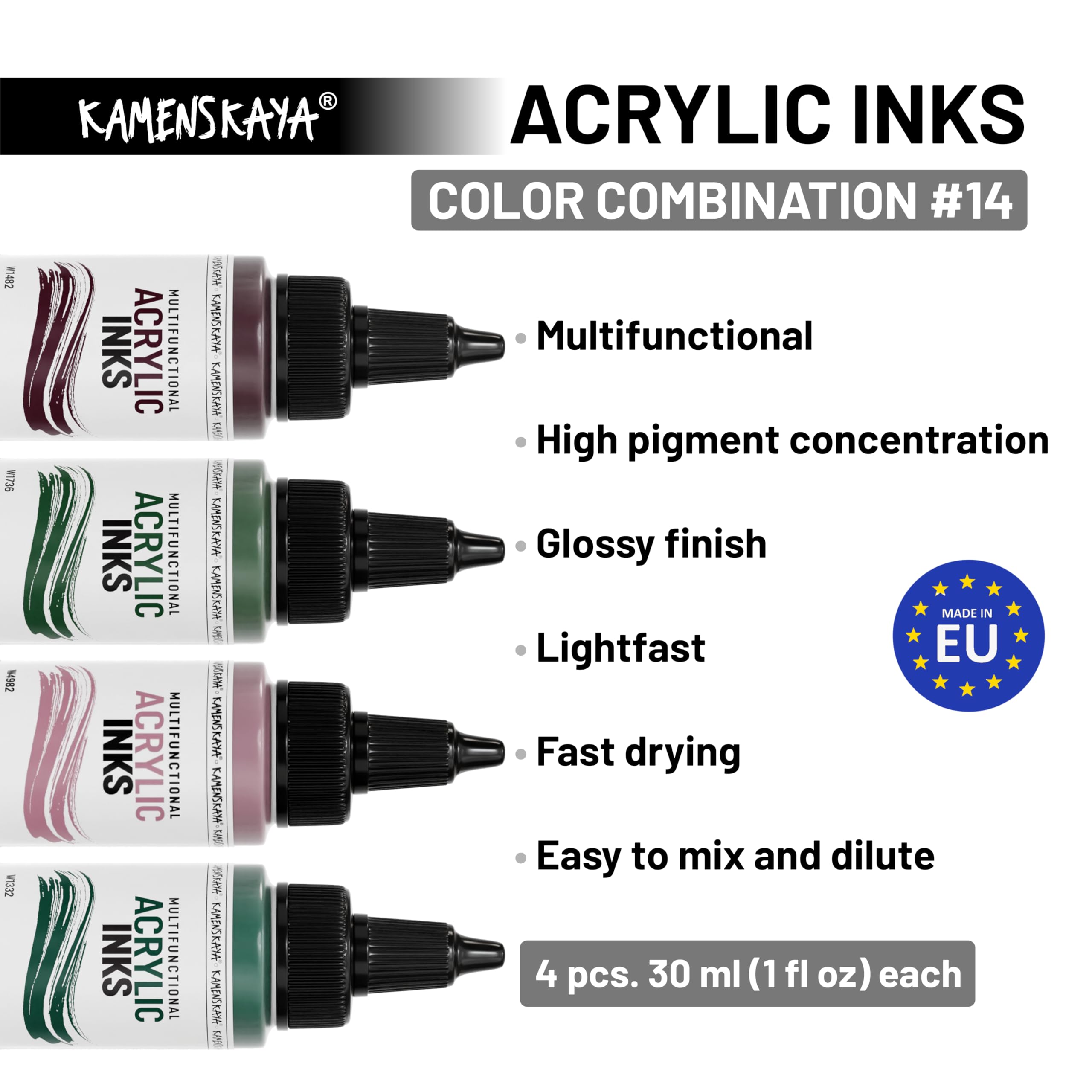 Kamenskaya Acrylic Inks for Artists - Acrylic Ink Set, Color Combination #14-4 pcs. 1 Fl Oz (30 ml) Each, 30 ml (Pack of 4) - Image 3