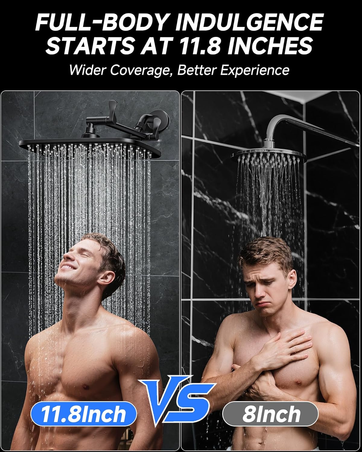 Veken 11.8" Black Rain Shower Head, Rectangular Rainfall Showerheads with 11" Stainless Steel Exension Arm, Height & Angle Decor Adjustable, High Pressure Shower Heads, Bathroom Accessories