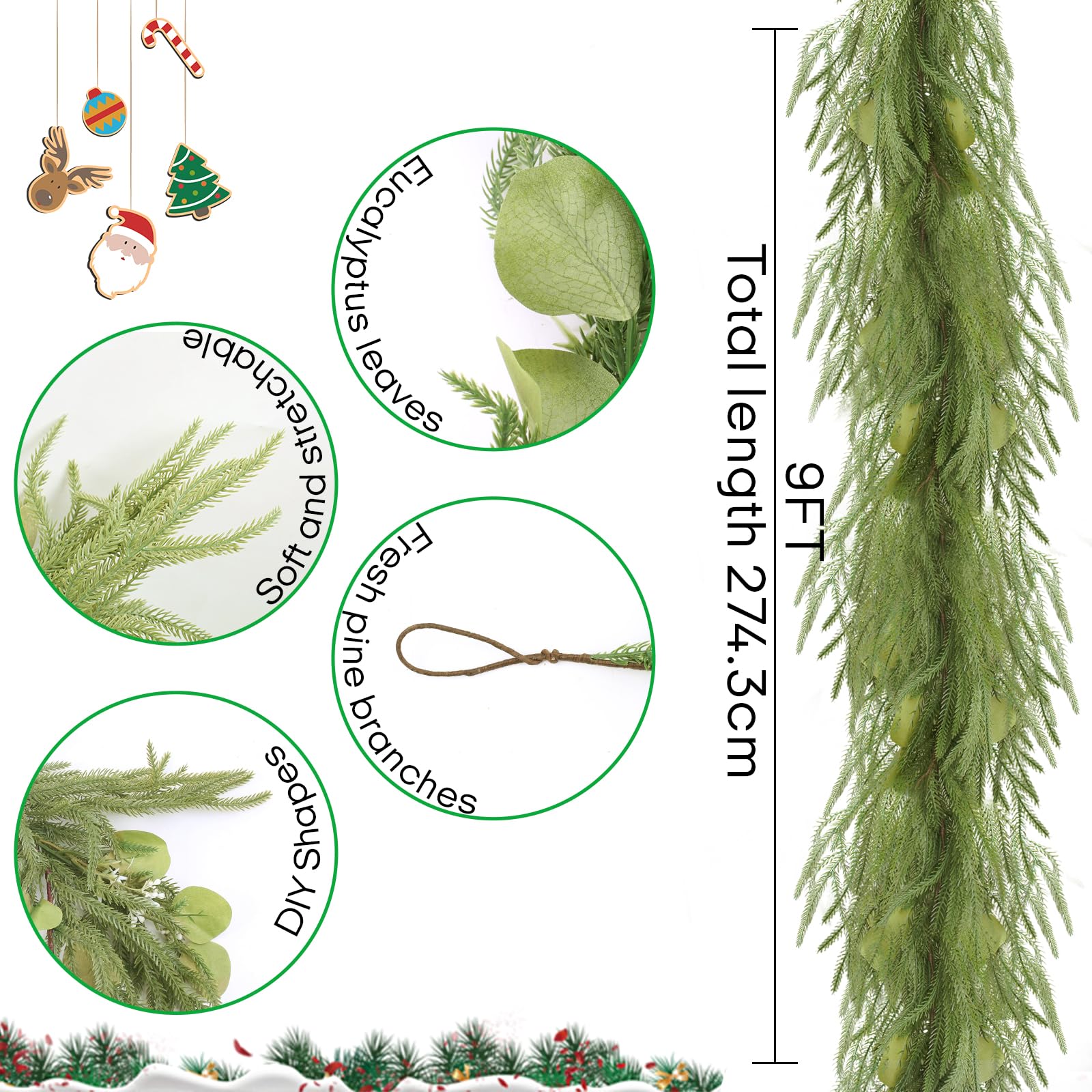 9FT Weihnachtsgirlande,PE Realistische Norfolk Girlande Für Mantel | Künstlicher Tannengirlande mit Tannenzapfen,Roten Beeren,Deko Für Weihnachten, Mantel,Treppen, Tisch, Innen & Außen