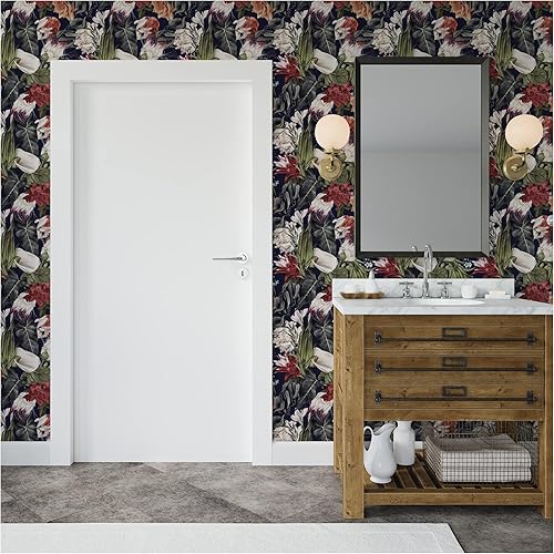 Miniatura 7 de UniGoos Papel tapiz floral rojo para despegar y pegar, fondo azul oscuro, papel de contacto de flor de palma, vinilo autoadhesivo vintage, rollo de