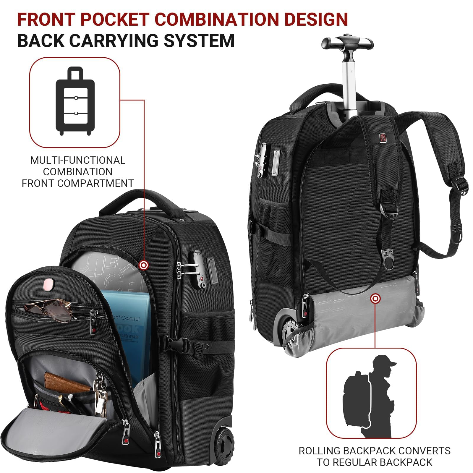 star cloud Mochila con ruedas, puertos de carga USB y tipo C, 21 x 14 x 9 pulgadas, Negro, 17.3 INCH, Mochilas de viaje