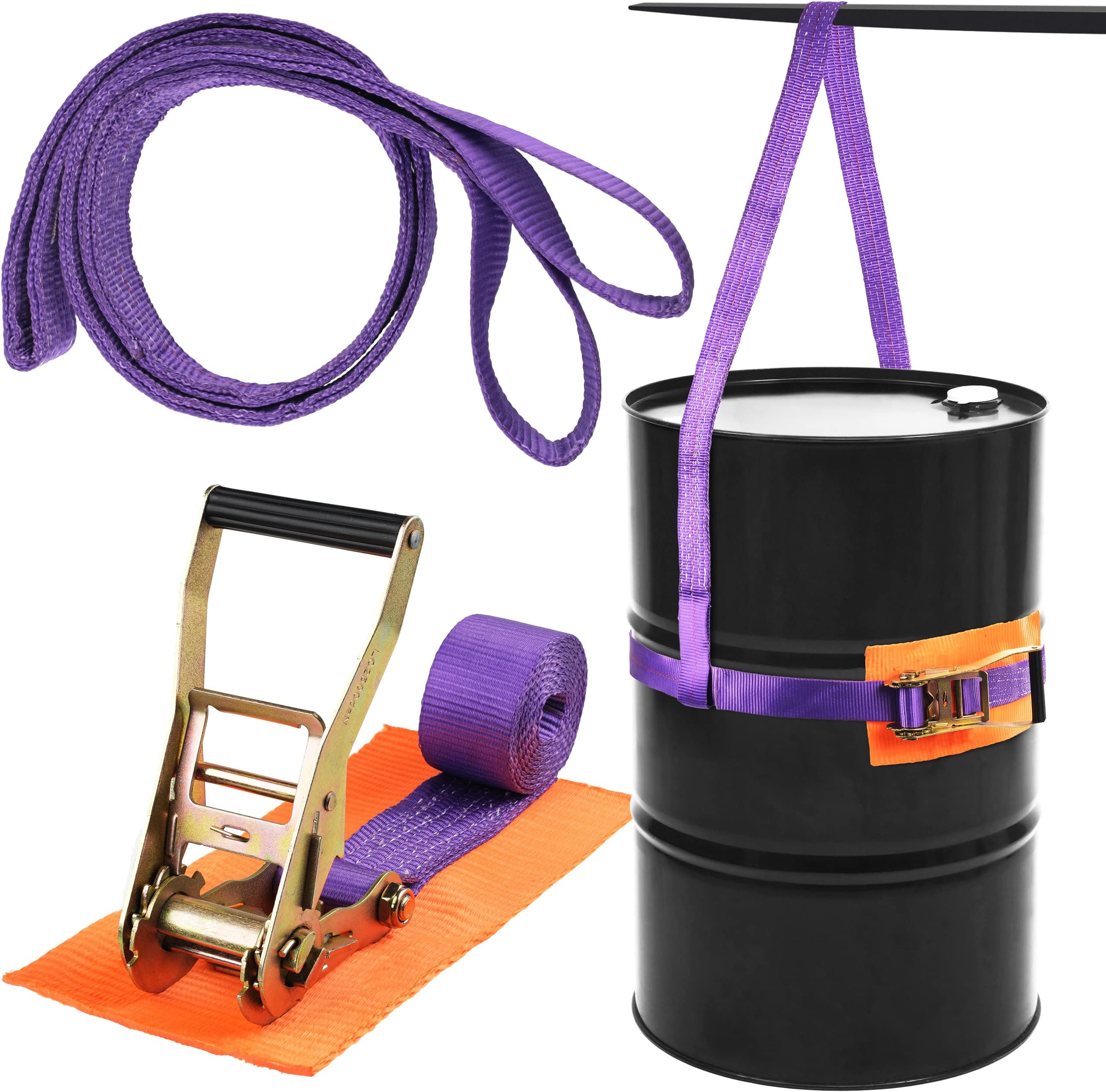 Drum Handling Sling Heavy-Duty Barrel Lifting Rachet Strap for 55 Gallon Drum Capacity up to 1000lb with Protector