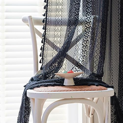 Miniatura 10 de Deeprove Cortina de encaje de ganchillo traslúcida estilo bohemio de 96 pulgadas de largo, cortina de punto hecha a mano con borlas de macramé para