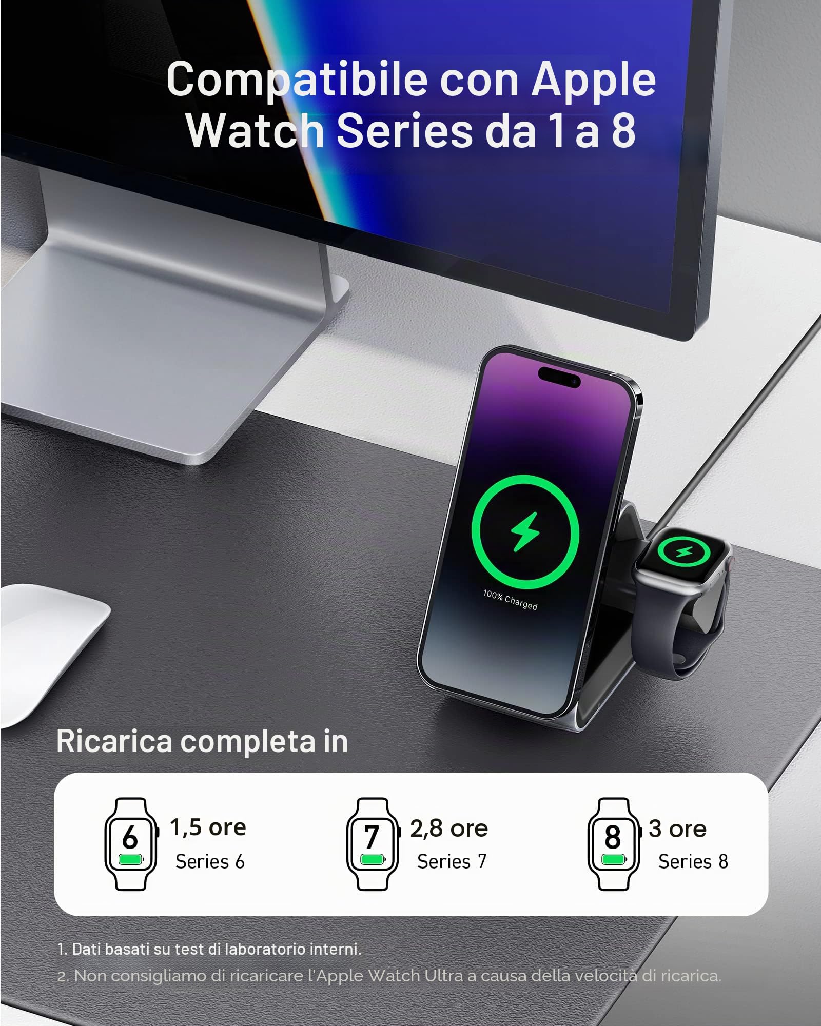 MagSafe, Anker 737 MagGo Charger (stazione 3 in 1) con ricarica rapida 15 W Max certificata MFi, per iPhone 14/13/12 Series, Apple Watch S8/7/6, AirPods 3/Pro (caricatore USB-C 30 W incluso)