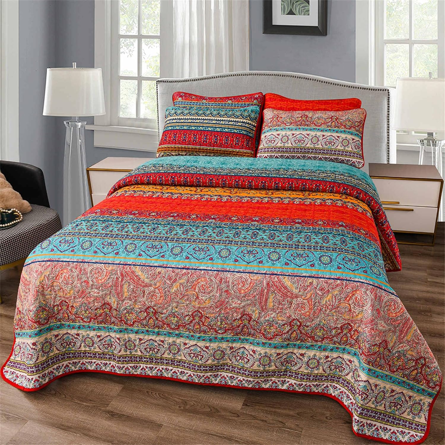 Colorful Bohemian Quilt Set Queen Size Boho Red Blue Exotic Striped Printed Bedspread Set 3 Pieces Vibrant Vintage Ethnic Mandala Microfiber Bed Coverlet for All Seasons - Image 3
