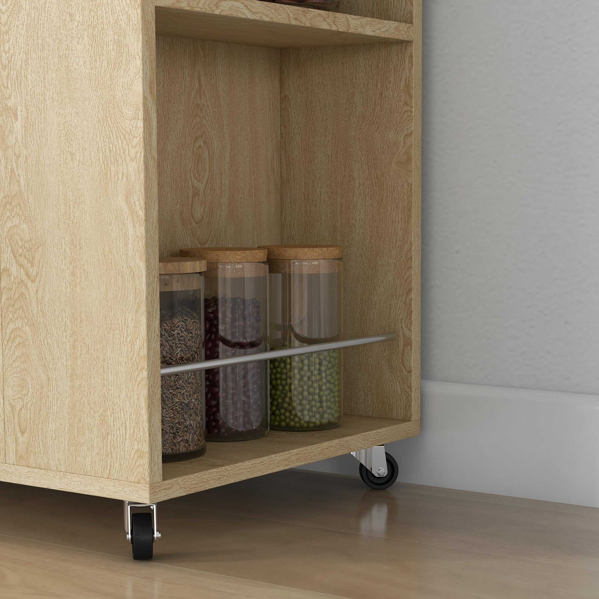 HOMCOM Carrello Cucina con Ripiano Aperto, Armadietto a 2 Ante e Scaffale Laterale a 2 Livelli, Carrello Multiuso con Ripiano Regolabile in Legno, 75x40x80.5 cm, Color Rovere e Nero