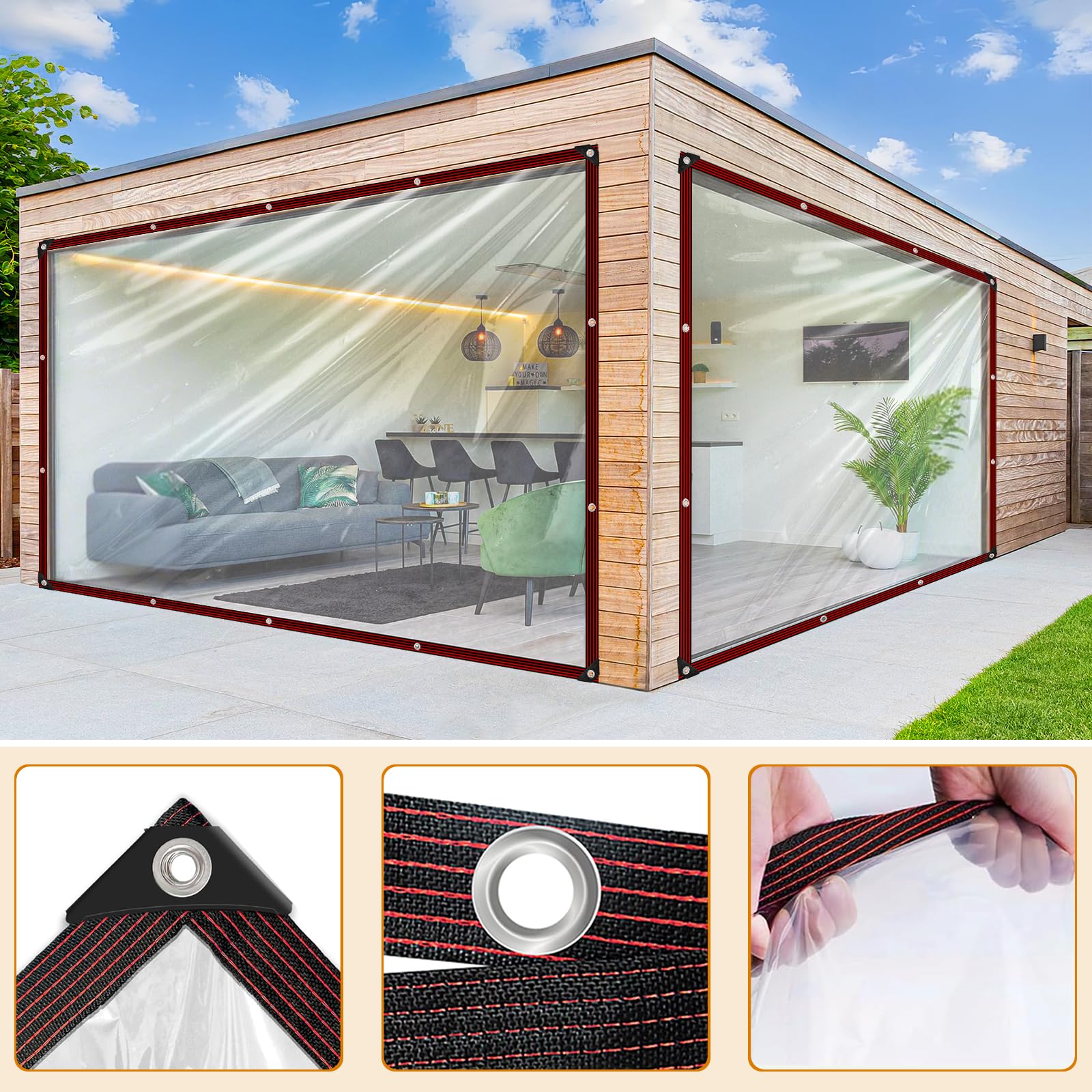 Telone trasparent, impermeabile con occhielli, in PVC trasparente, per esterni carport, telo di copertura trasparente per terrazza, balcone, giardino o casa (2,5 x 5 m)