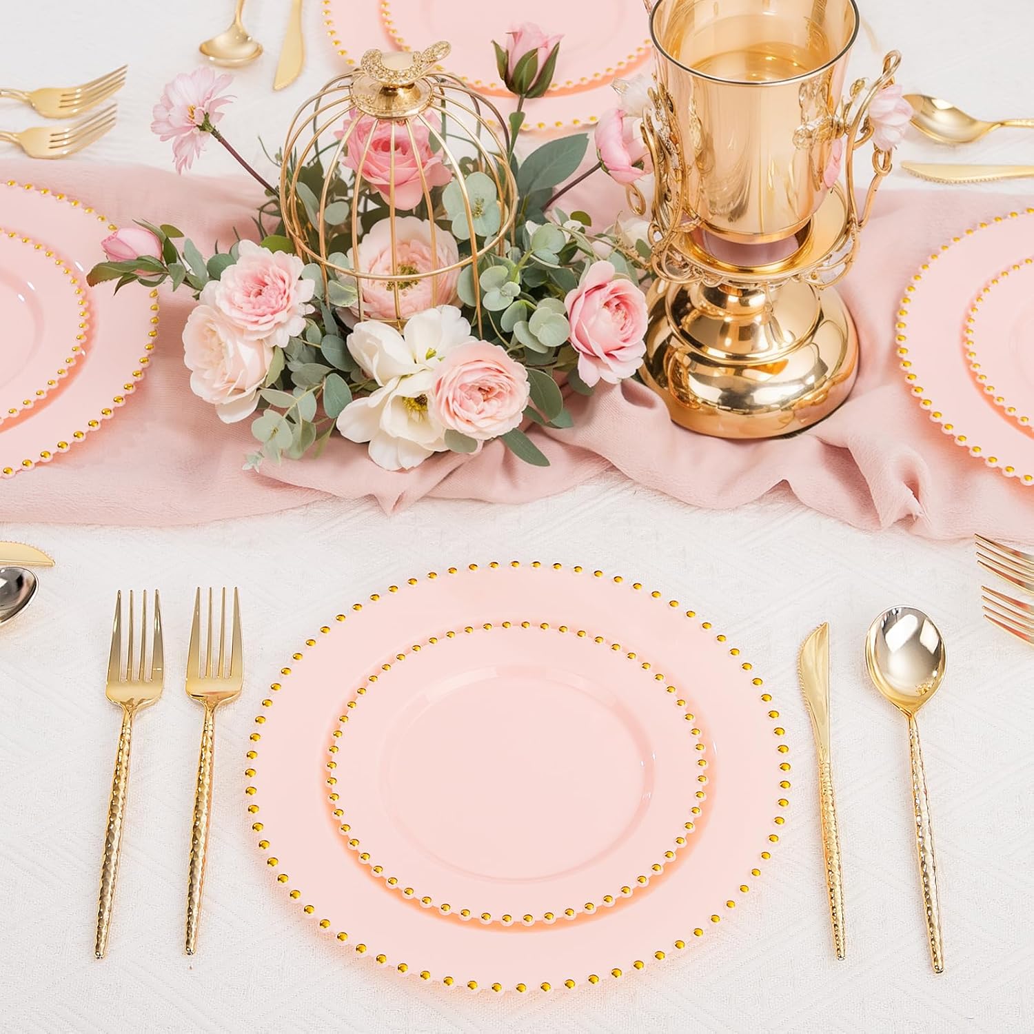 supernal 100pcs Pink Plastic Plates with Gold Beads Plates Disposable Heavy Duty Valentine's Day Decorations Includes 10 inch Dinner Plate and 7 inch Dessert Disposable Plate for Party,Wedding