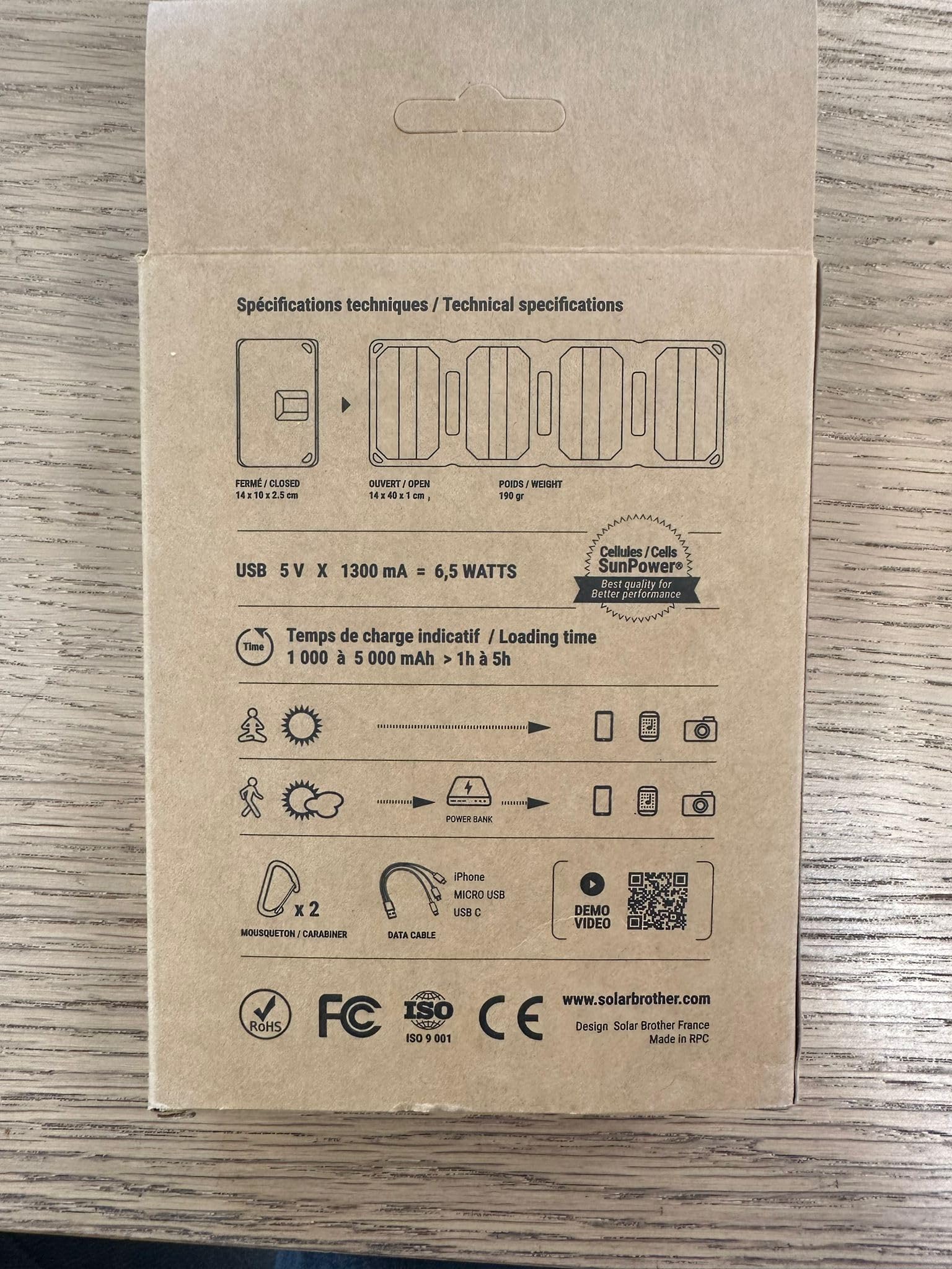 SUNMOOVE 16W SOLAR BROTHER Chargeur Solaire Pliable Panneau Solaire Sunpower Port USB 3.2A Cable USB Inclus