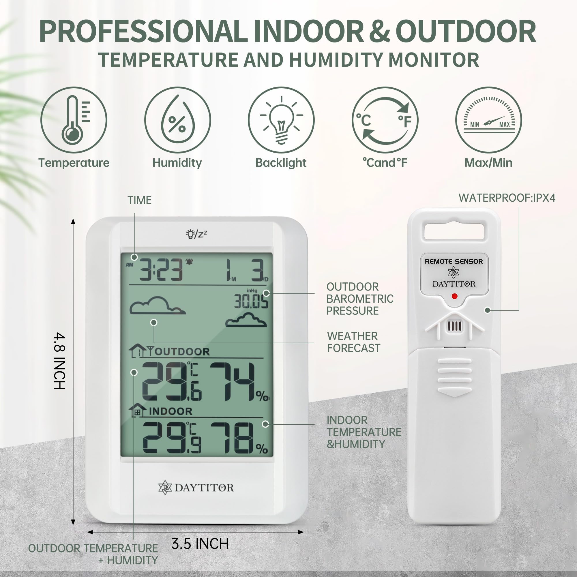 Thermometer für Innen- und Außenbereich, kabellos, digitales Hygrometer, hochpräziser Temperatur- und Feuchtigkeitsmesser, Monitor mit 100 m Reichweite, Fernbedienungssensor, Hygrometer