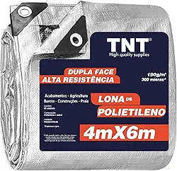 TNT Lona Plástica 4x6m Extra Forte 300 Micras Polietileno Dupla Face Prata Preto Impermeável Multiuso