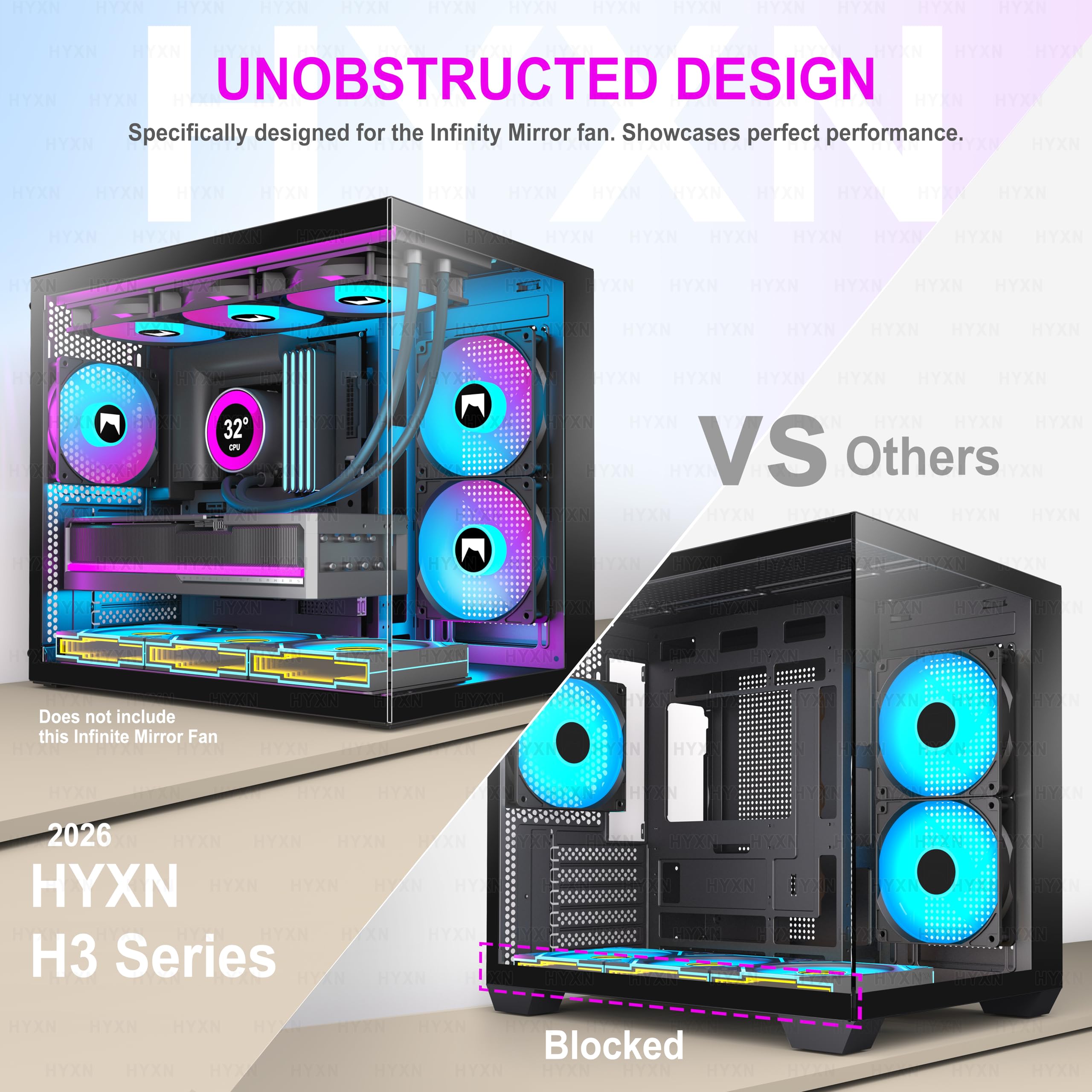 HYXN H3 ATX PC Case - Pre-Installed with 3 ARGB Fans - Compact Dual Cavity Mid-Tower Gaming PC Case,360mm Radiator Support - with Type-C 3.2 (Black-R) - 4