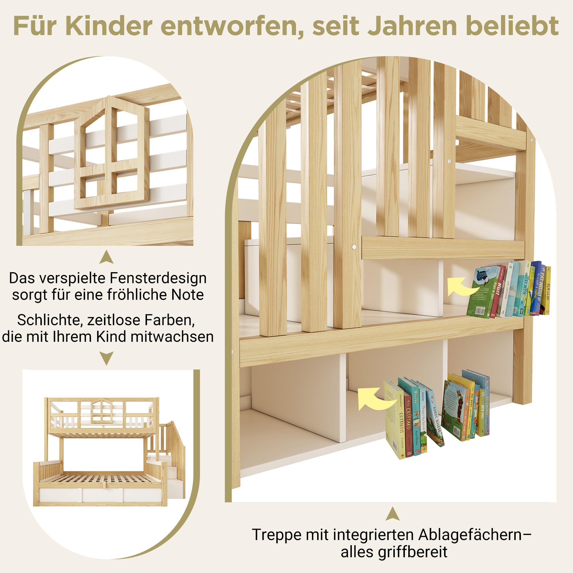 Letto a castello con cassettoni 90x200 cm & 140x200 cm, letto per bambini in stile baita con spazio di archiviazione, scala, protezione rialzata, in pino (J, 90x200cm&140x200cm)