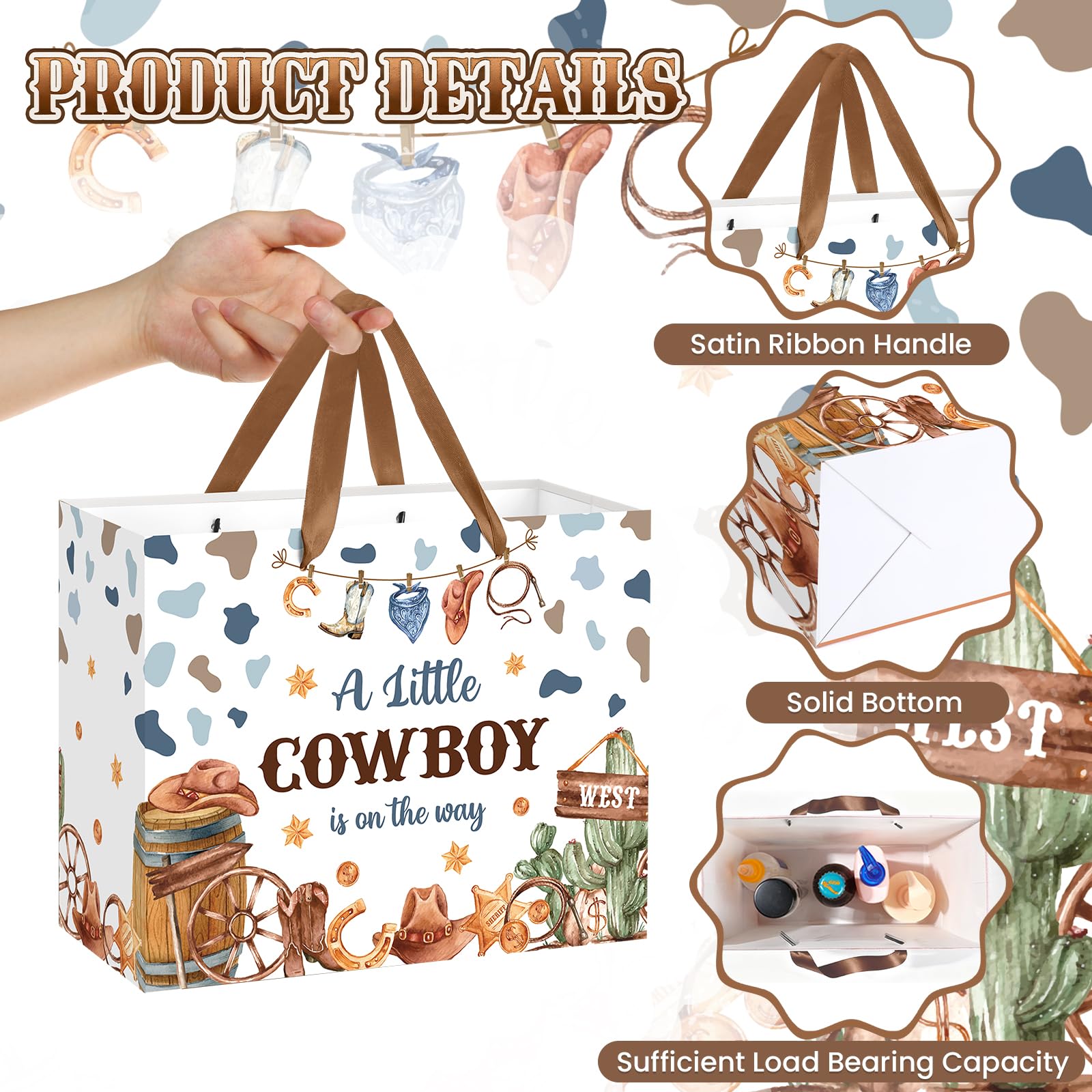 Frakron Cowboy Baby Shower Birthday Gift Bag for Baby Boys A Little Cowboy is On The Way Bag with Wrapping Paper Card Western Rodeo Gift Bag for Wild West Baby Shower Birthday Party Supplies
