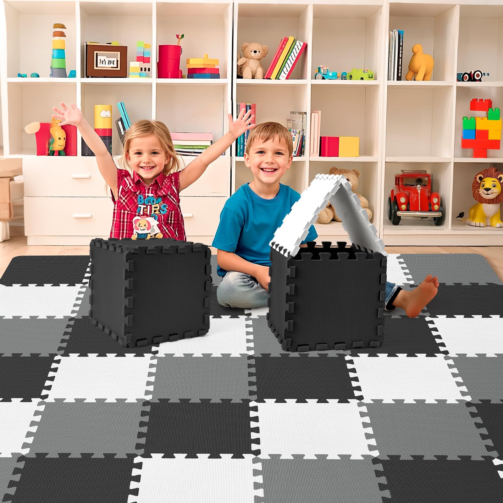 Baby-Spielmatte für Boden, Schaumstoff-Bodenfliesen für Kinder mit ineinandergreifenden Quadraten, Schaumstoff-Puzzle-Teppich für Spielzimmer, Krabbelteppich für Babys von 6–12 Monaten, Kleinkinder