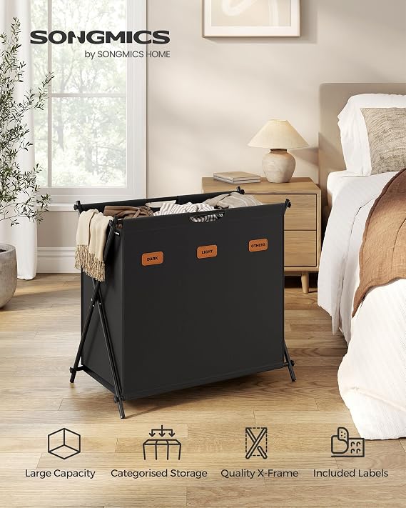 SONGMICS 135 L Laundry Basket, 3 Sections, Collapsible X-Frame