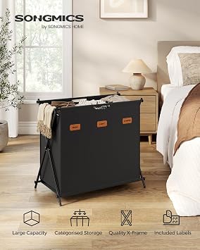 SONGMICS 135 L Laundry Basket, 3 Sections, Collapsible X-Frame