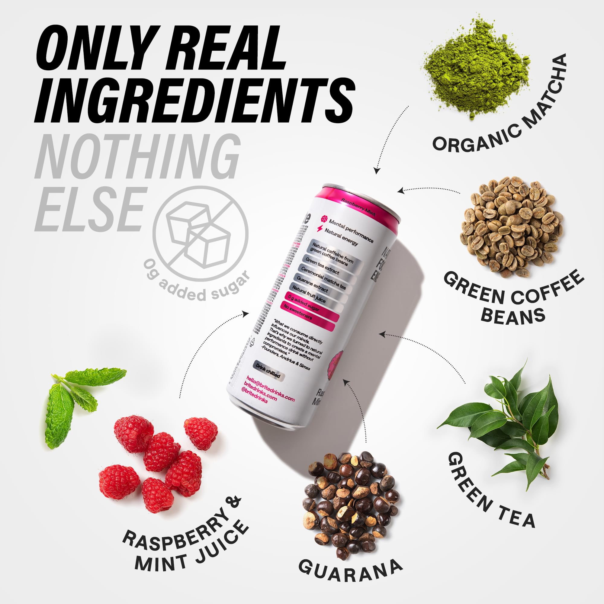 Brite Natural Focus. Boisson énergisante et alternative au café pour améliorer la productivité. À base de plantes, faible en calories, végétalienne, sans gluten. Framboise-menthe, 12 x 330 ml.