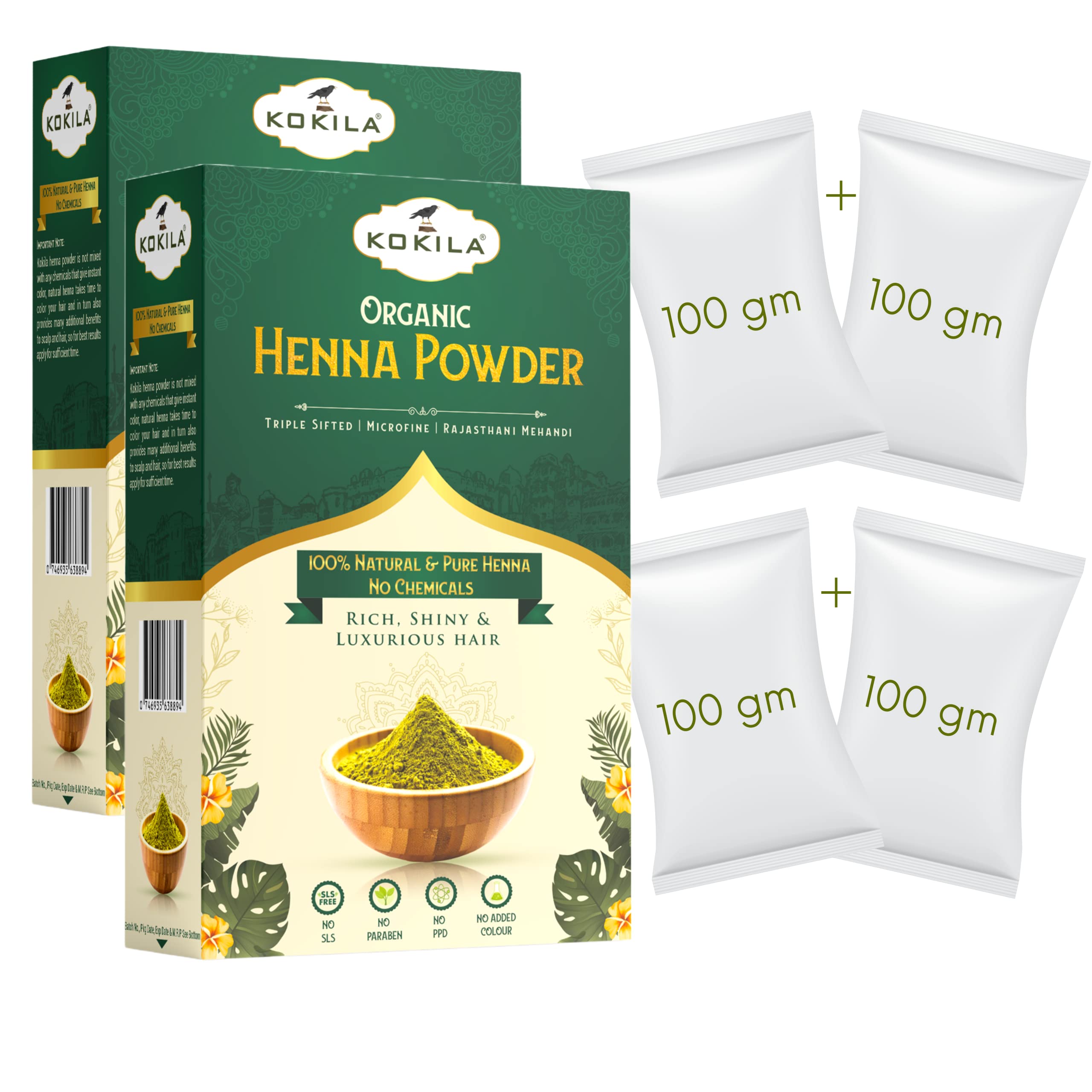 Kokila 100% Natural Henna Leaves Powder - 2 Box x 200Gm Each (4 Pouches - 100gm in Each Pouch) - Organic Henna Powder for Natural Hair Color-image-13