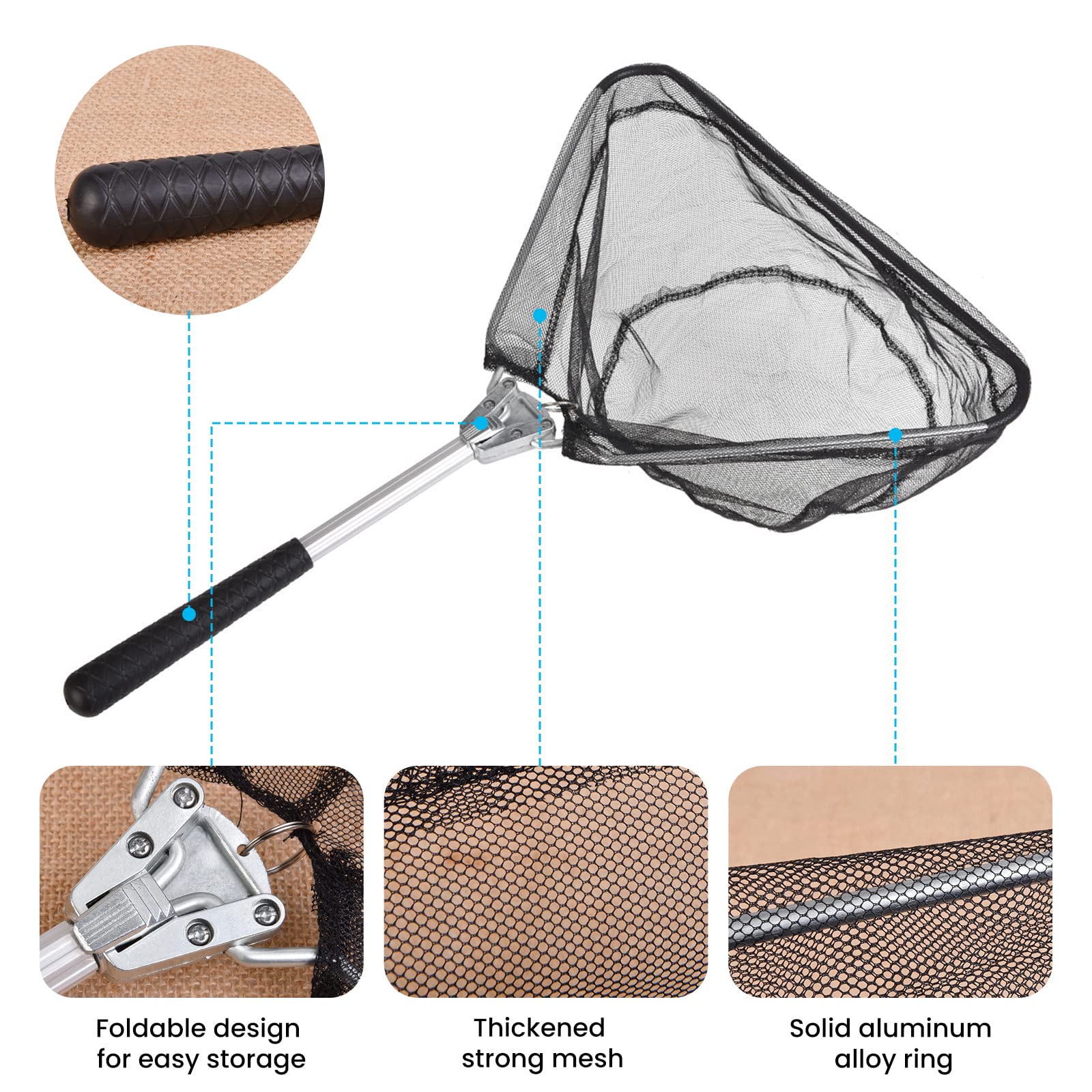 Aicharynic Retino da Pesca: 50 cm, Telescopico, Pieghevole, per Crap, Trote, Barca e Oceano, Nero, Alluminio e Nylon