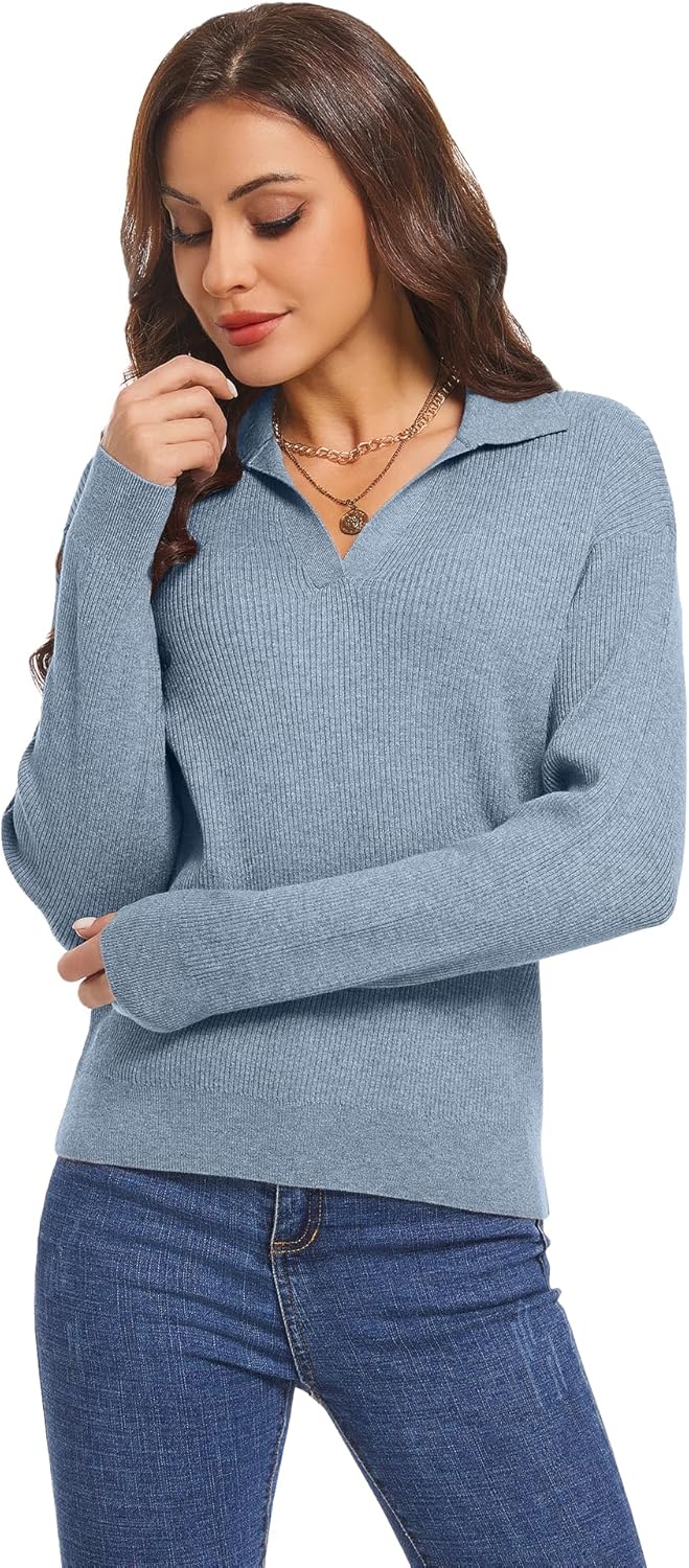 Woolicity Sweaters for Women Long Sleeve Knitted Collared Sweater Polo V Neck Casual Pullover Shirts Jumper Tops - Image 3