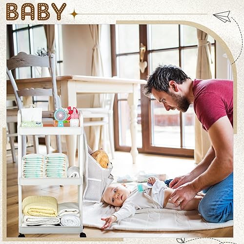 Miniatura 6 de Carrito de pañales para bebé con ruedas y asa, carrito con ruedas y asa organizador de pañales con apilador de pañales colgante para guardería,