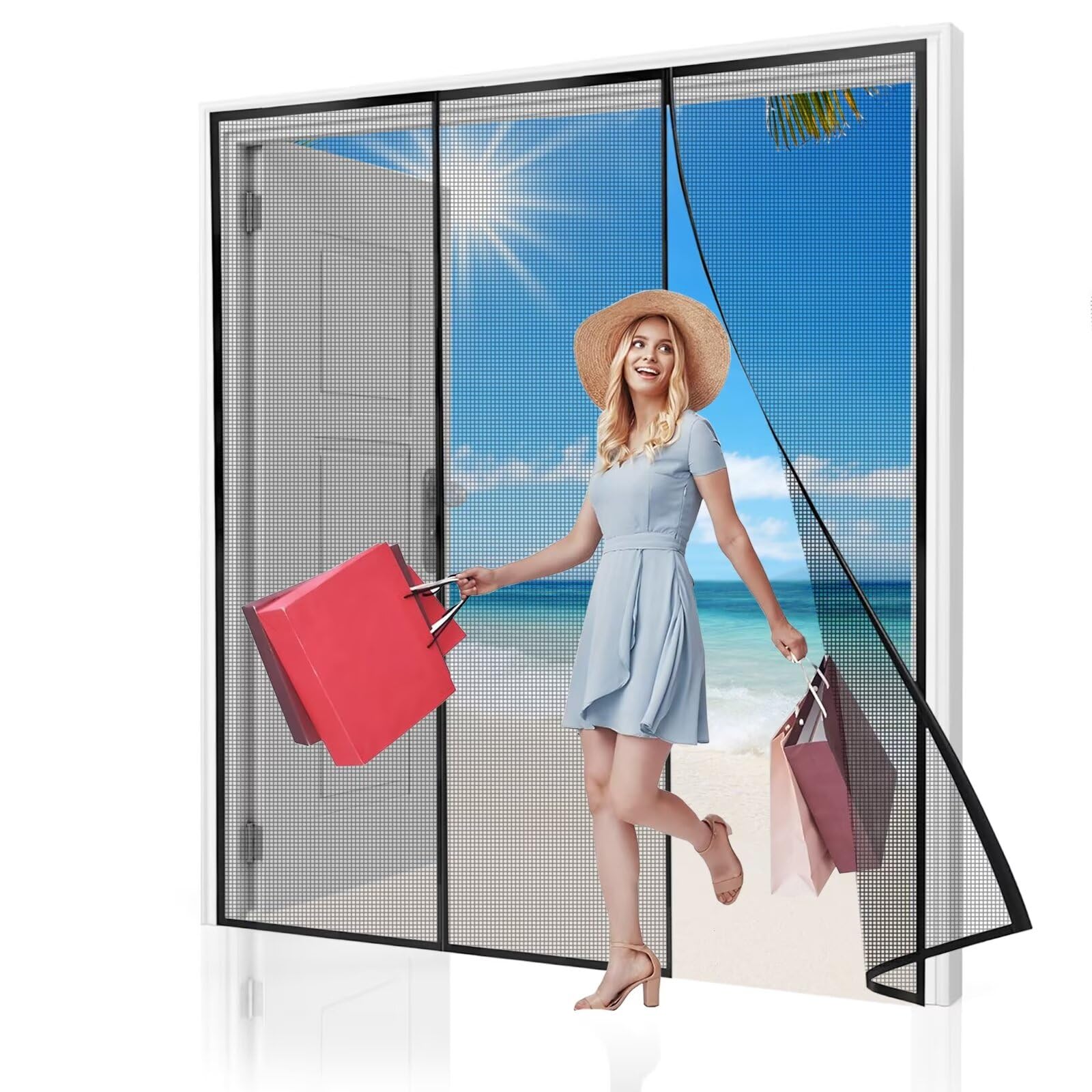 Moustiquaire porte 200x220cm rideau aimanté noir pour terrasse