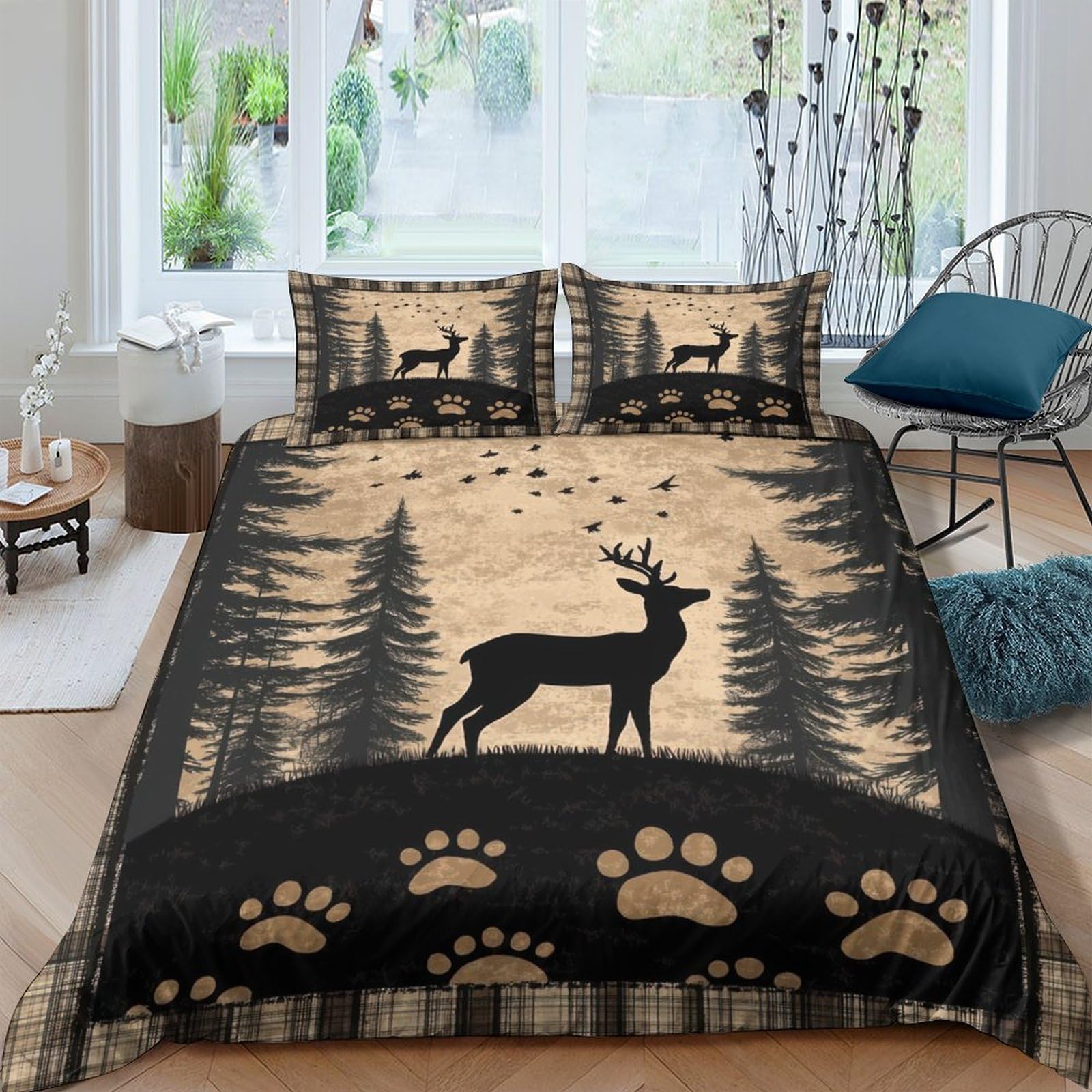 GPLZQXKJNH 3D Printed Forest Deer Duvet Cover Microfiber Soft Bear Paw Bedding Set with 2 Pillowcases for Bedroom Decor, Single（135x200cm）