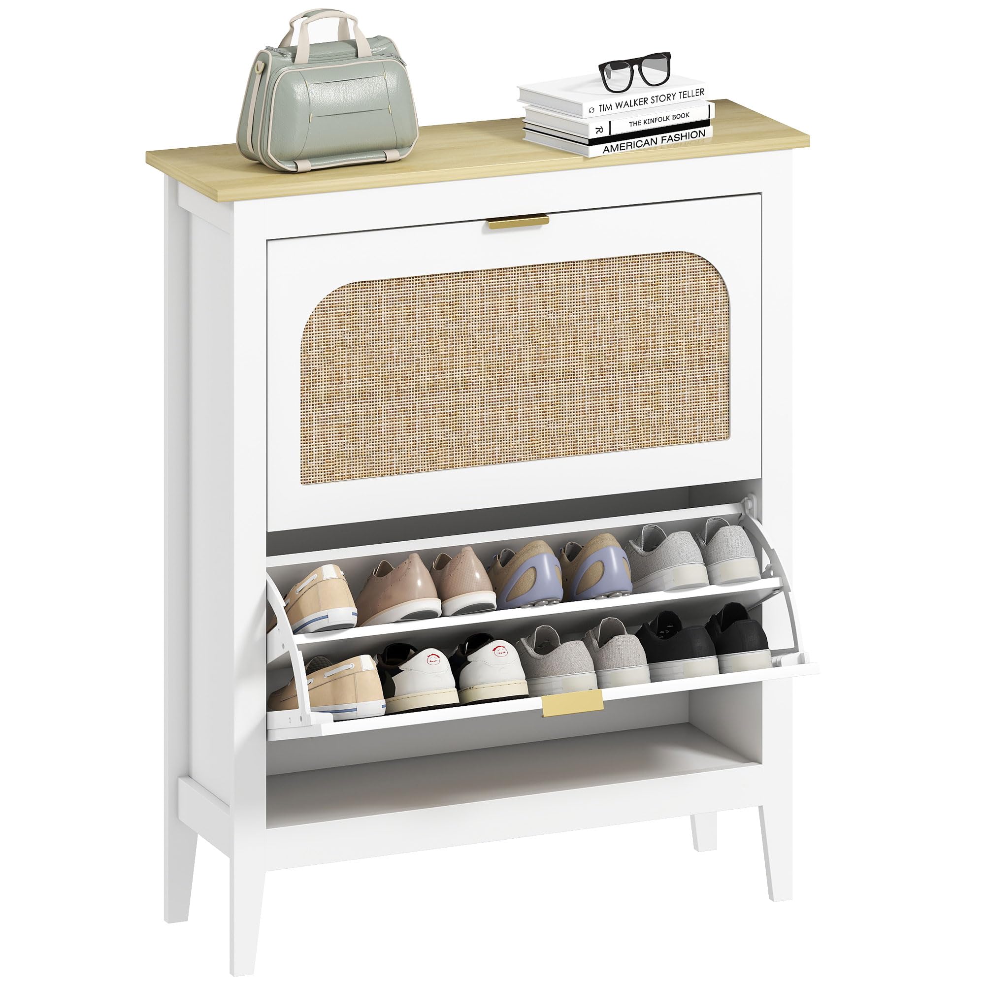 HOMCOM Scarpiera Salvaspazio Slim con 2 Ante a Ribalta Stile Boho in Rattan Scarpiera Ingresso con Ripiani regolabili a 2 livelli Porta Scarpe per 14 paia con maniglia, 80x24x95.5 cm, Bianco