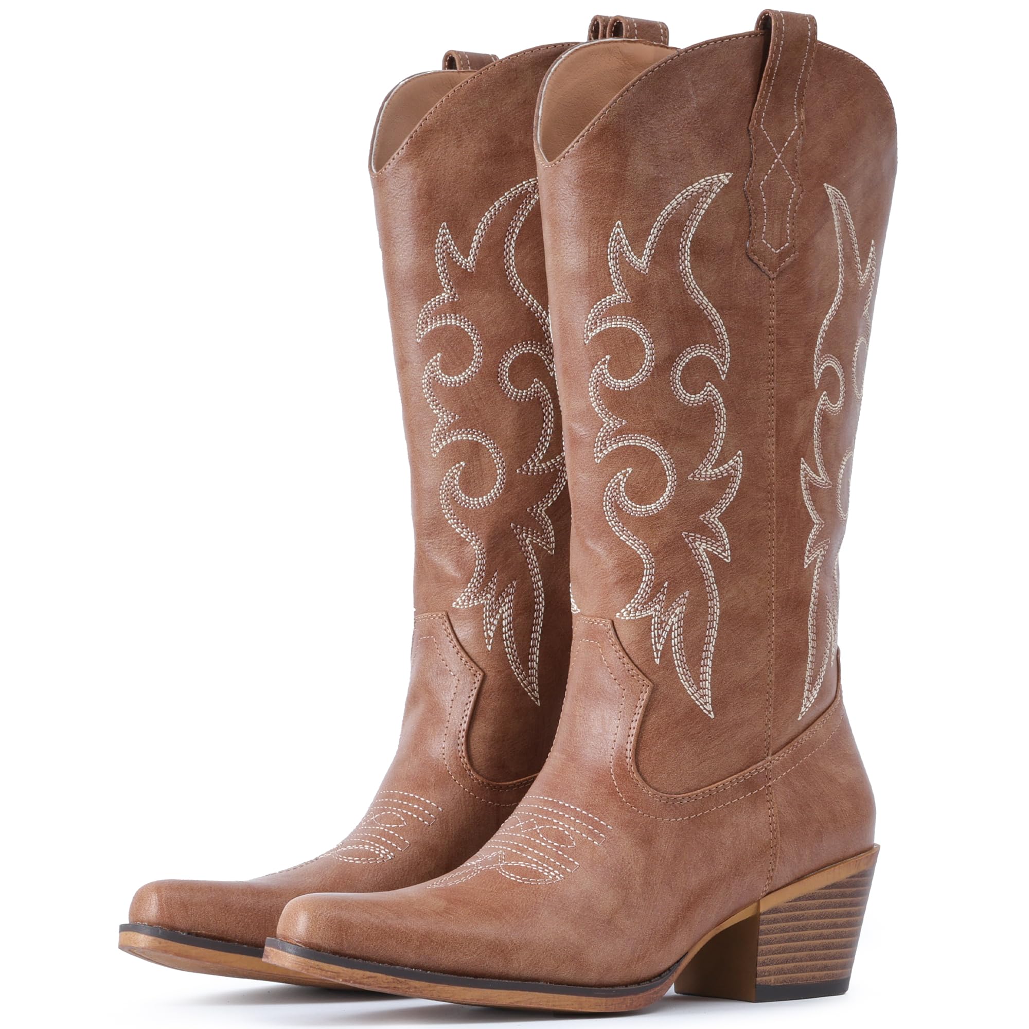 IUV Cowboy Boots For Women Western Cowgirl Boots Mid Calf Snip Toe Boot With Chunky Heel