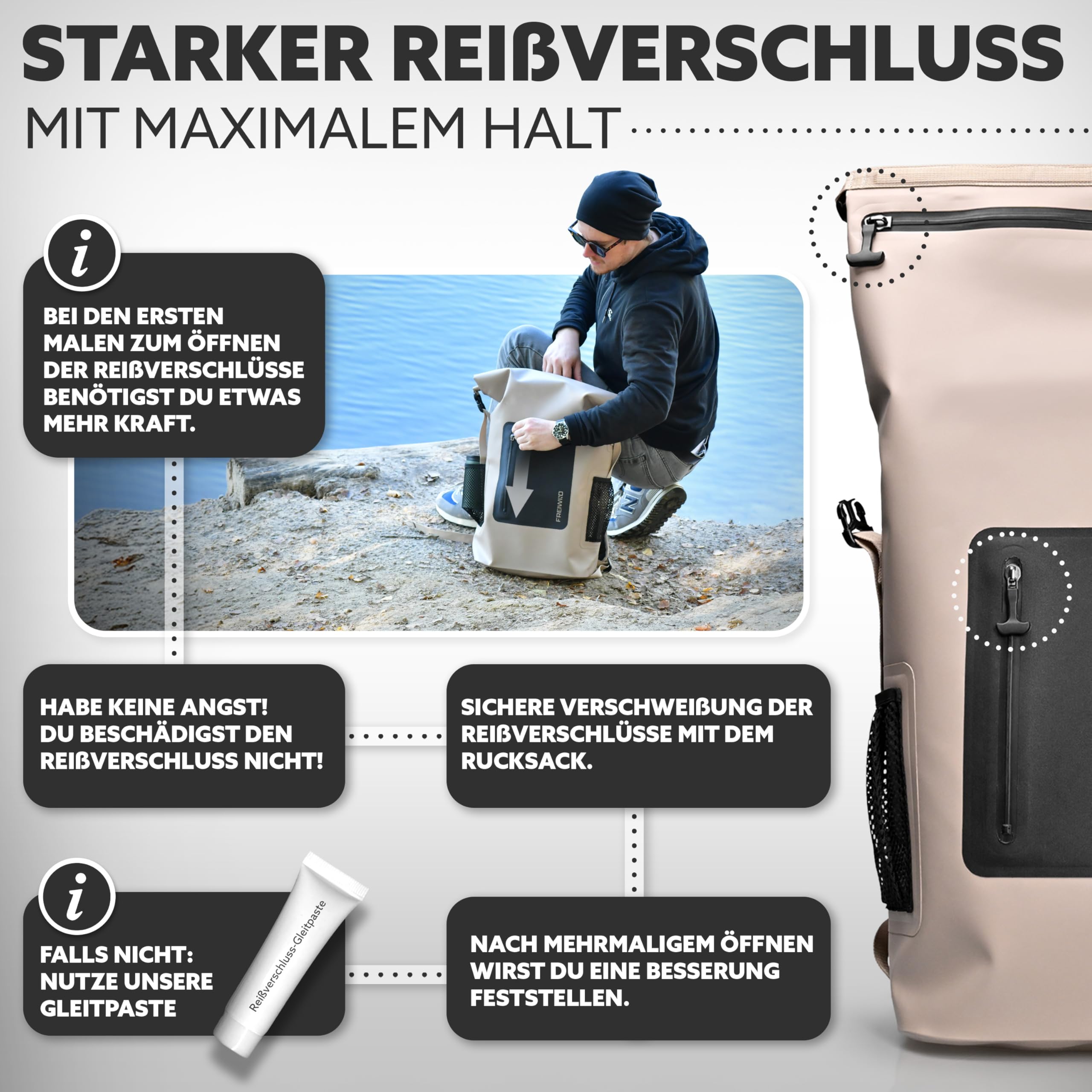 wasserdichter Rucksack tauchfähig - 100% sicher, 30-35l Volumen inkl. 17" Laptopfach und Rolltop, Rucksack wasserdicht aus hochwertigem 600D TPU mit Frontfach und ergonomischen Trägern
