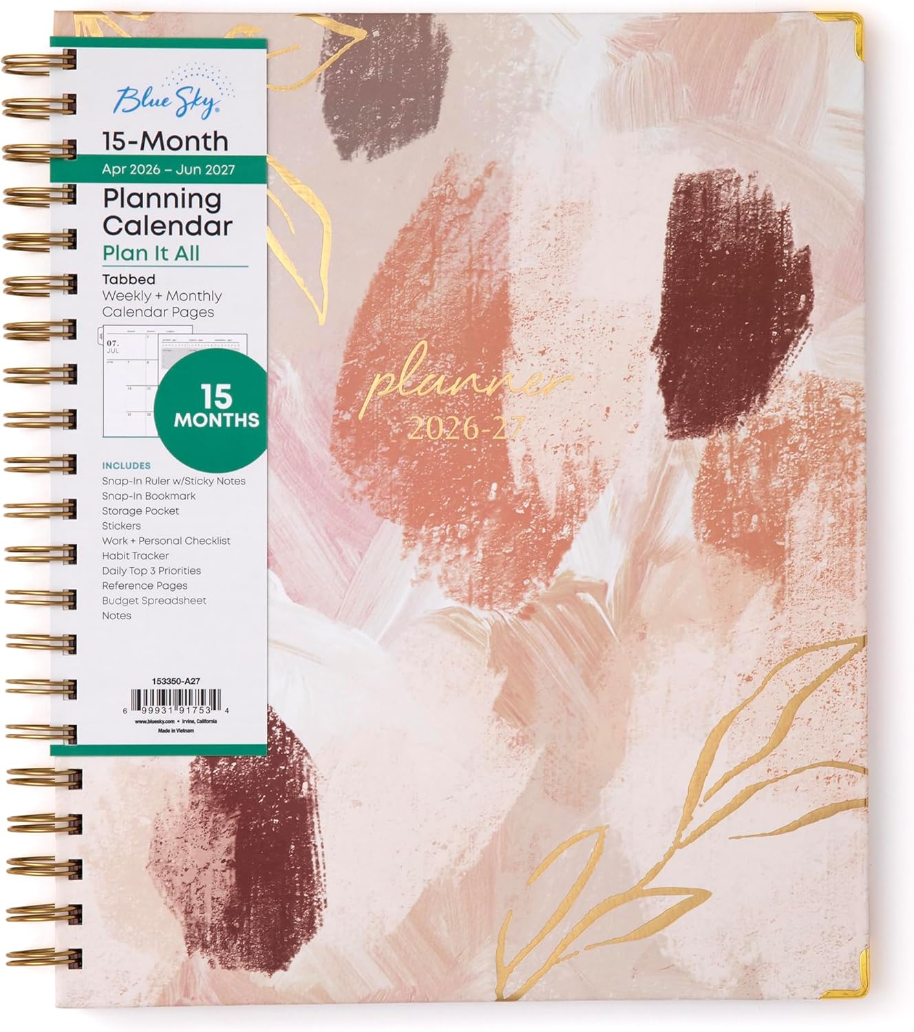 Blue Sky 15 Month 2026-2027 Weekly and Monthly Academic Year Planner Calendar, April 2026 - June 2027, 8.5" x 11", Hard Cover, Wirebound, Laminated Tabs, Storage Pocket, Includes Snap-in Ruler w/Sticky Notes & Sticker Sheet, Henri