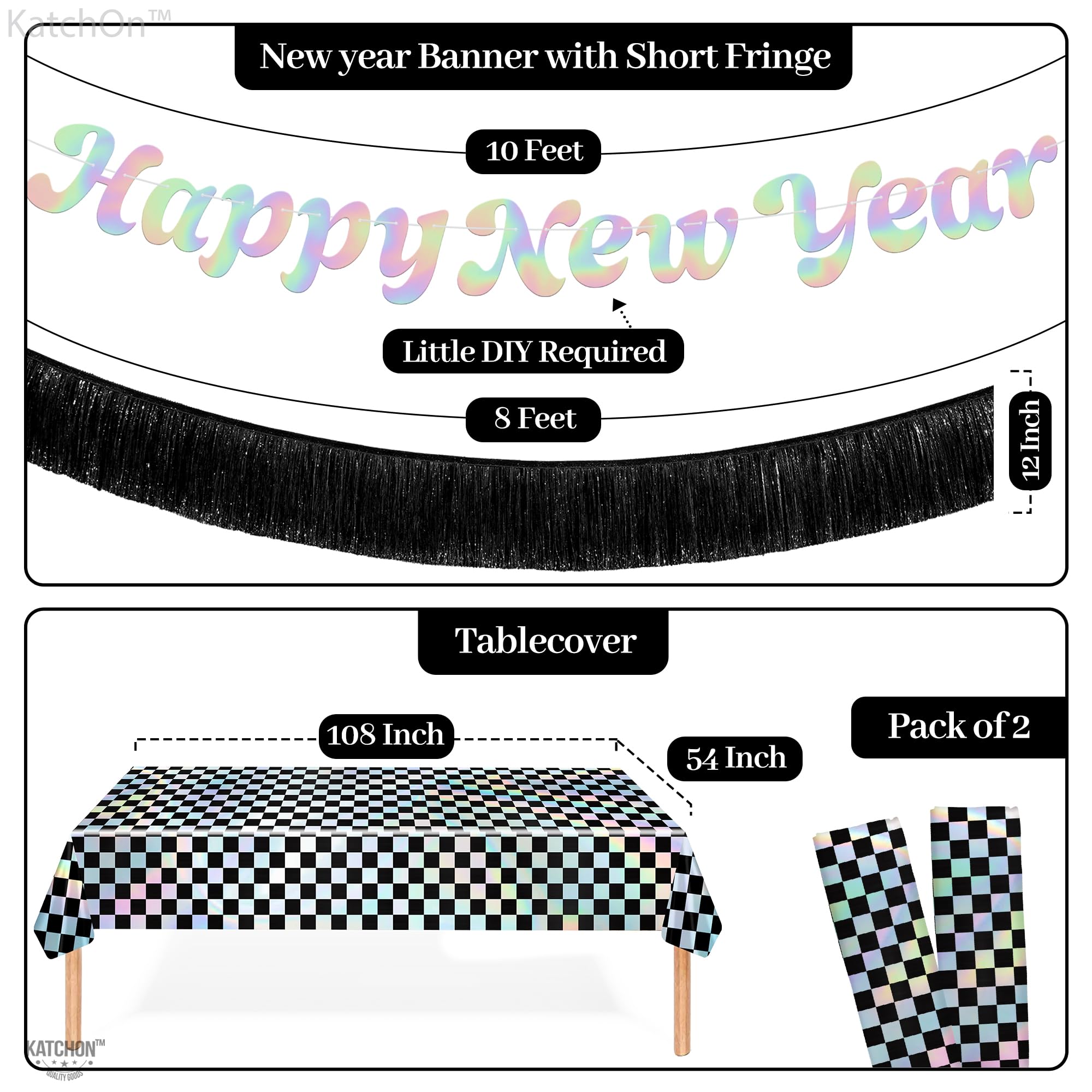 KatchOn, Suministros para fiesta de Año Nuevo 2025 – Paquete de 197 | Sirve 25, vasos, platos y servilletas de Feliz Año Nuevo | Globos de discoteca, flecos plateados | Mantel iridiscente plateado,