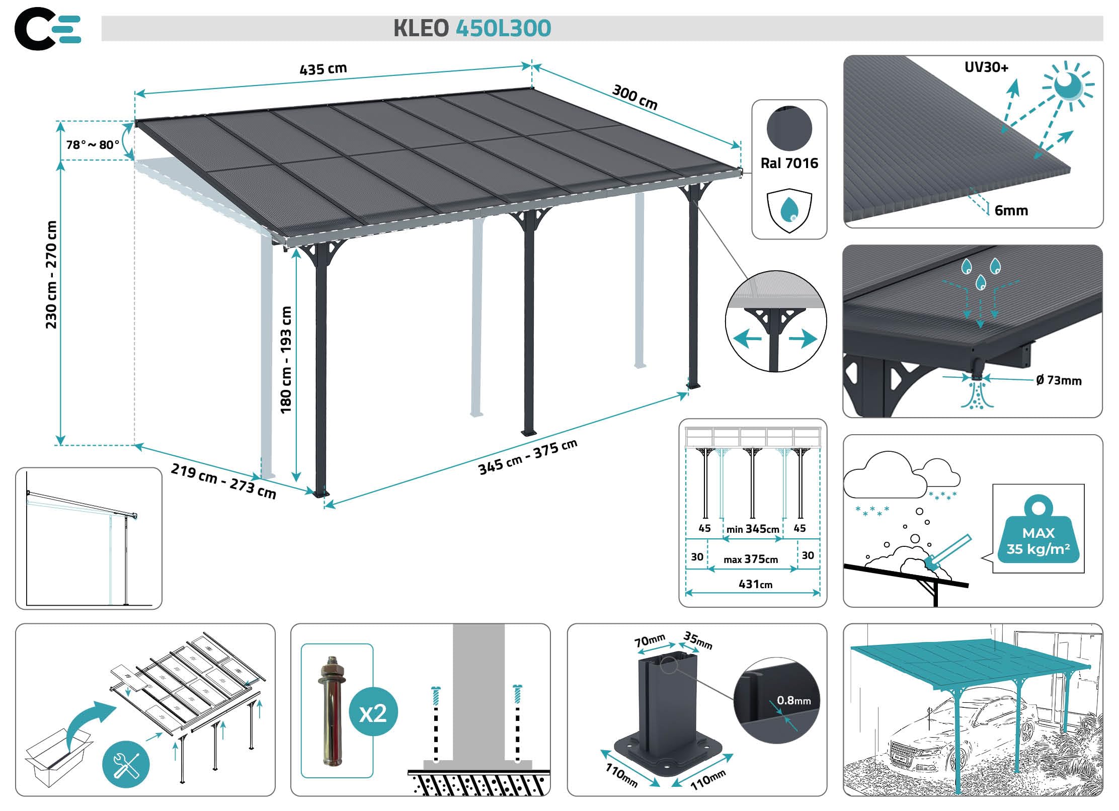 CAZEBOO Carport Pergola Adossée Aluminium KLEO 435x300 cm 4,5x3 m 14 m² Gris Anthracite Design Moderne Protection Terrasse Véhicule Résistant Anti-UV Réglable Haute Qualité Toit Polycarbonate UV30+