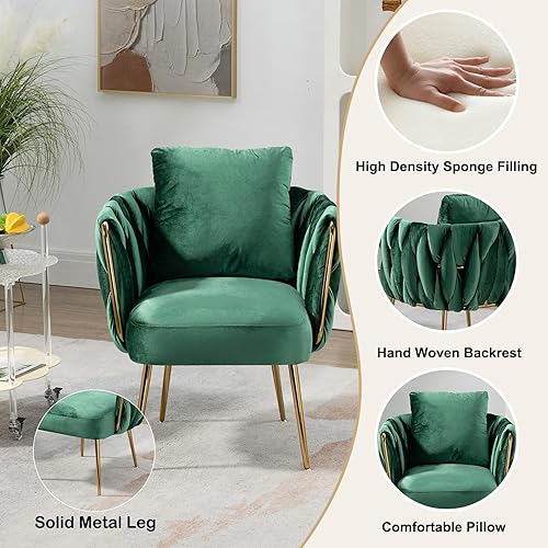 Miniatura 3 de Silla de terciopelo con patas de metal, moderna silla tapizada para sala de estar, sillón individual acolchado suave con cojín y almohada para